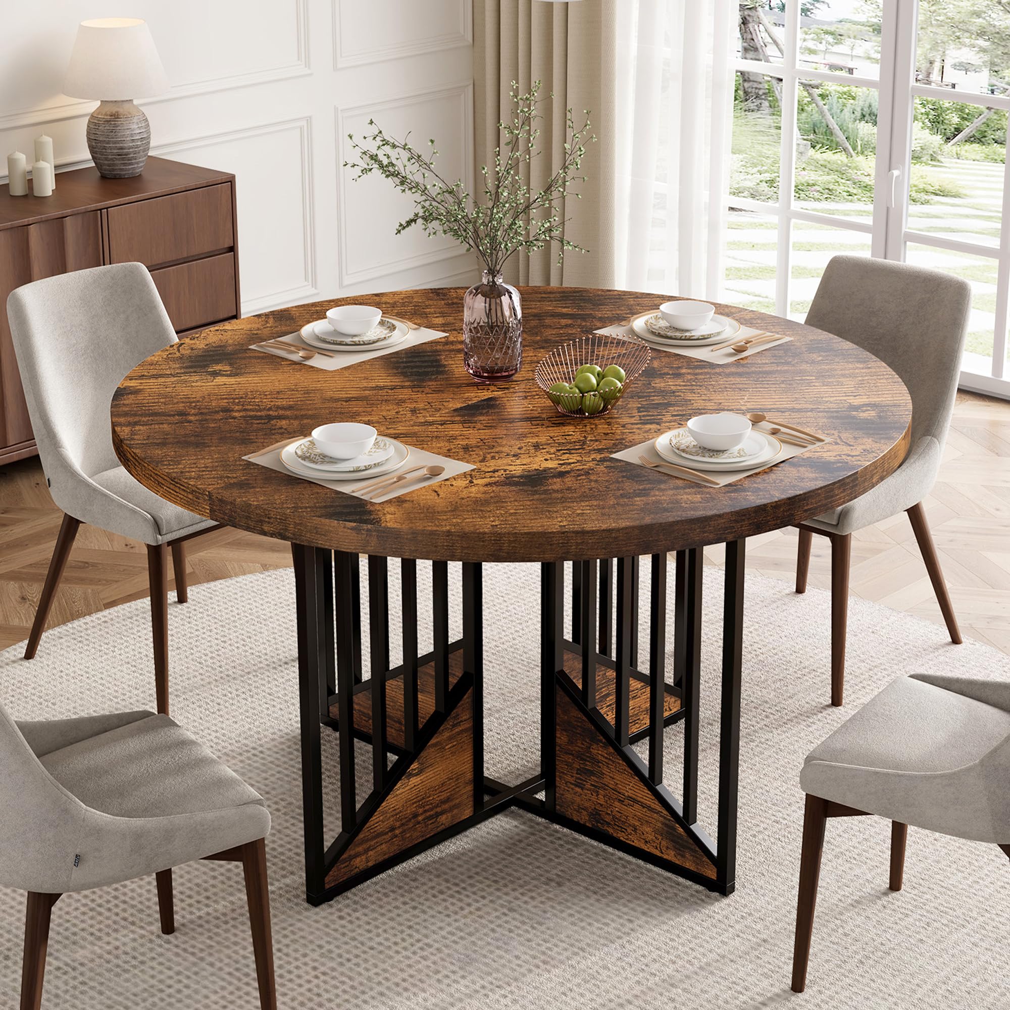 Round Wooden Dining Table for 4 - Farmhouse Style Kitchen & Dining Room Table - Rustic Brown Circle Table for Home, Apartment or Living Room - Perfect for Family Meals & Entertaining Guests