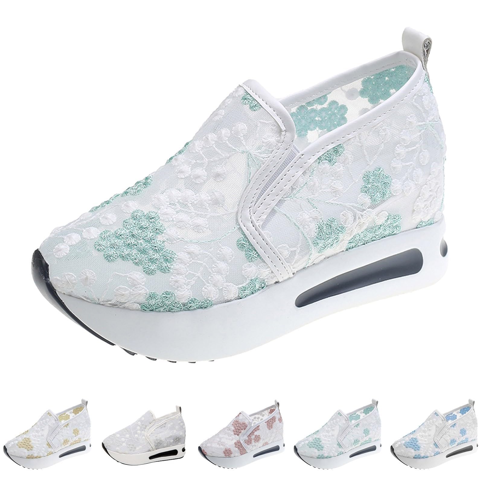 Women's Fashion Sneakers - Floral Embroidery Platform Wedge Shoes with Breathable Sheer Mesh for Casual Wear, Work & Date Nights | Comfortable Dressy Sneakers for Women