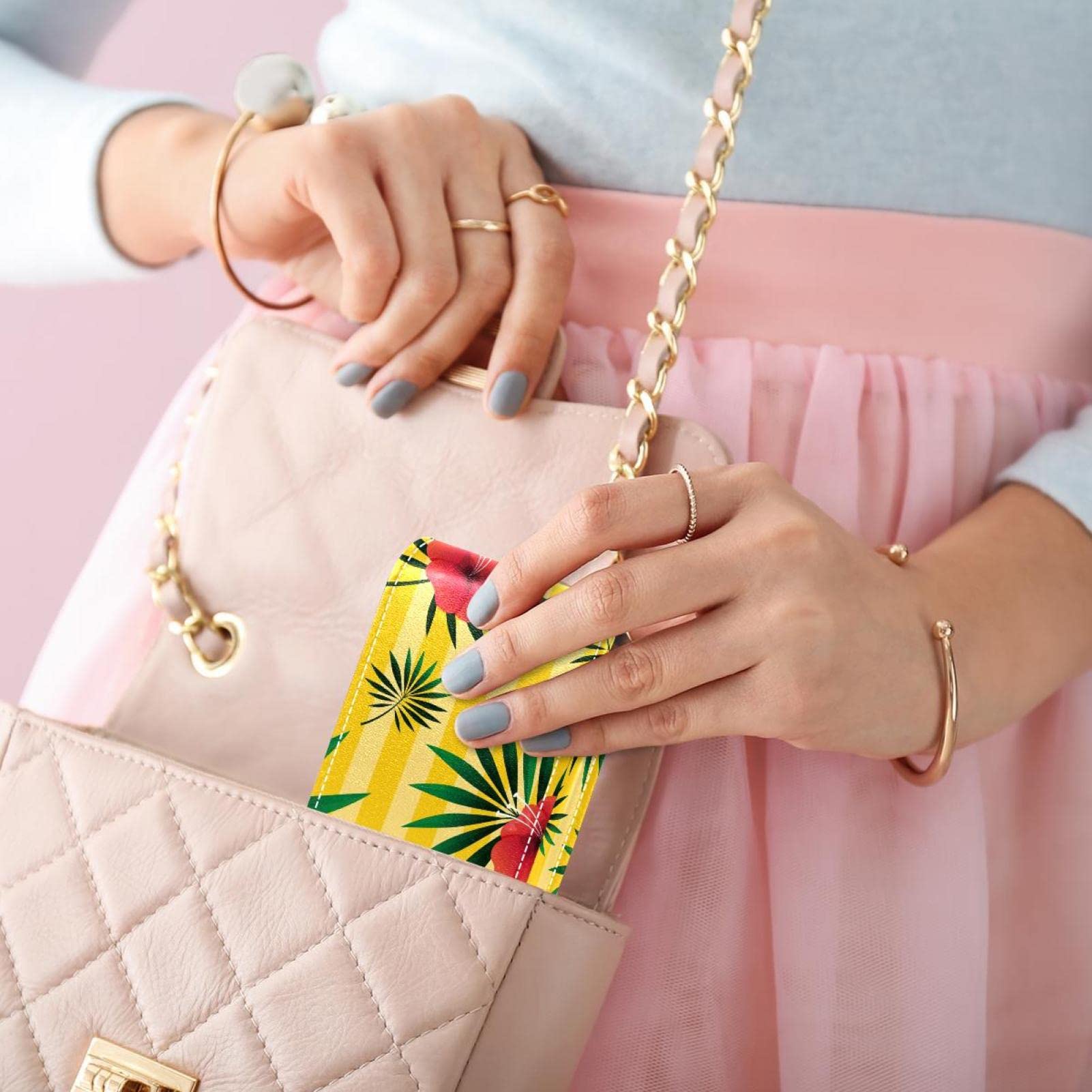 Personalized Lipstick Case - Portable Makeup Bag & Cosmetic Pouch Organizer - Tropical Leaf Floral Yellow Striped Design - Perfect for Travel, Gift & Daily Makeup Storage