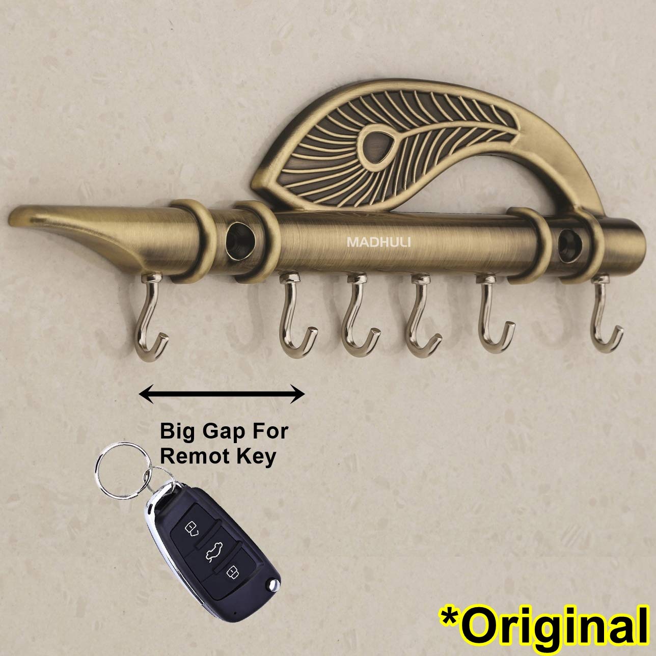 Antique Brass Key Holder Stand - Lord Krishna Flute & Peacock Quills Design - Wall Mounted Key Organizer for Home, Office, Entryway - Perfect for Foyer, Mudroom, and Gift Giving