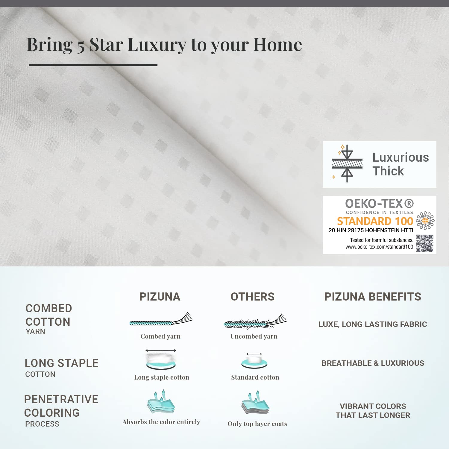 Pizuna Pure 100% Cotton King Size Sheets - 600 Thread Count Long Staple Cotton Crisp Sateen Bedding Set with 15