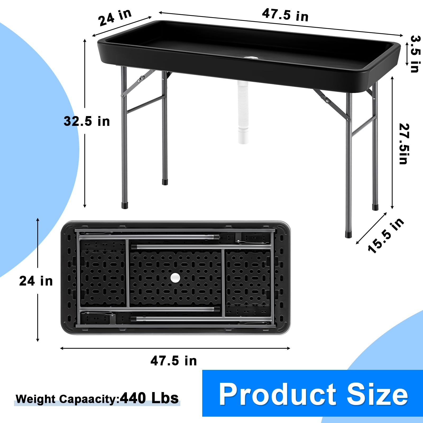 Suzile 4-Foot Folding Ice Table with Drain - Portable Cooler Table for Outdoor, Picnic, BBQ, Camping & Wedding | Black | Keep Food & Drinks Cold at Parties, Tailgates & Beach Outings