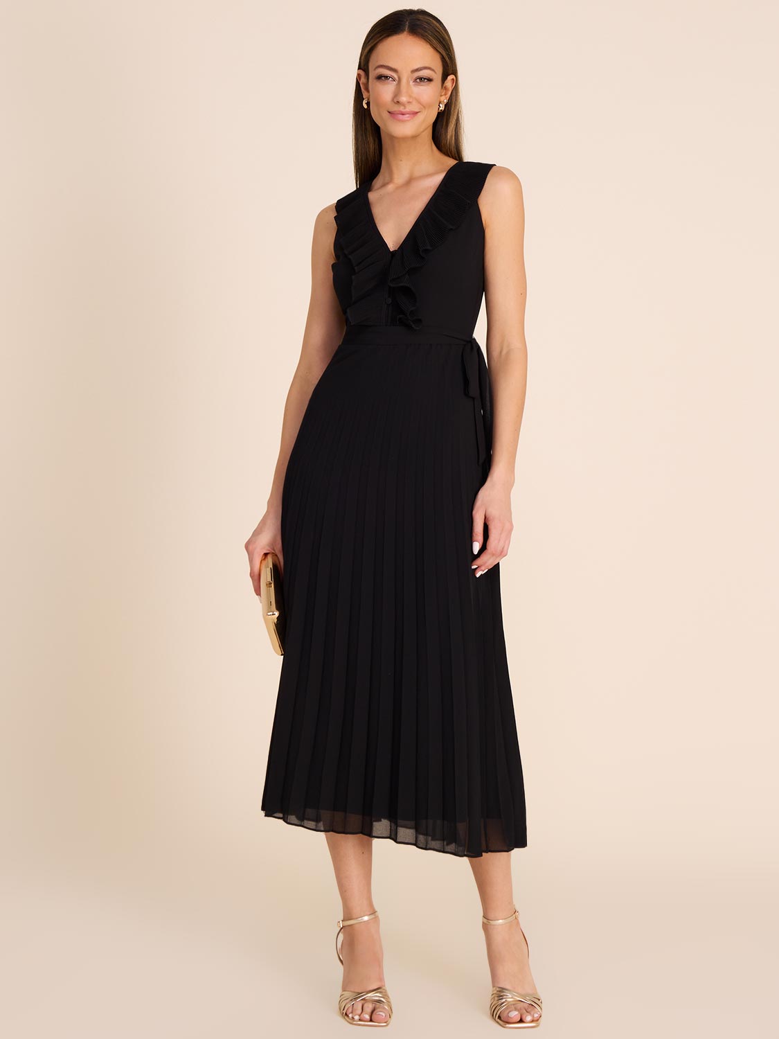 Elegant Pleated Chiffon Midi Dress for Women - Flowy A-Line Summer Dress with Ruffle Sleeves - Perfect for Weddings, Parties & Date Nights
