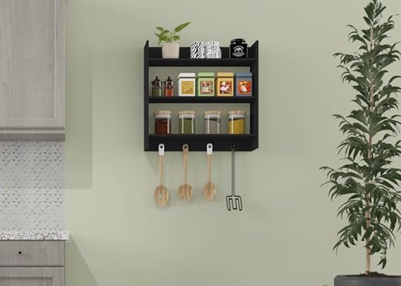 Wooden Kitchen Rack - Wall Mounted Storage Shelf Organizer for Spices, Utensils & Cookware | Rustic Home Decor for Pantry, Countertop & Small Space Organization