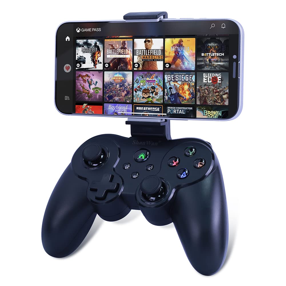 ShanWan Wireless Mobile Game Controller for iPhone & Android - Compatible with PS Remote Play, Xbox Cloud, Steam Link, GeForce Now & MFi Apple Arcade - LED Backlight, Phone Bracket & Long Battery Life - Perfect for Cloud Gaming & Mobile Esports