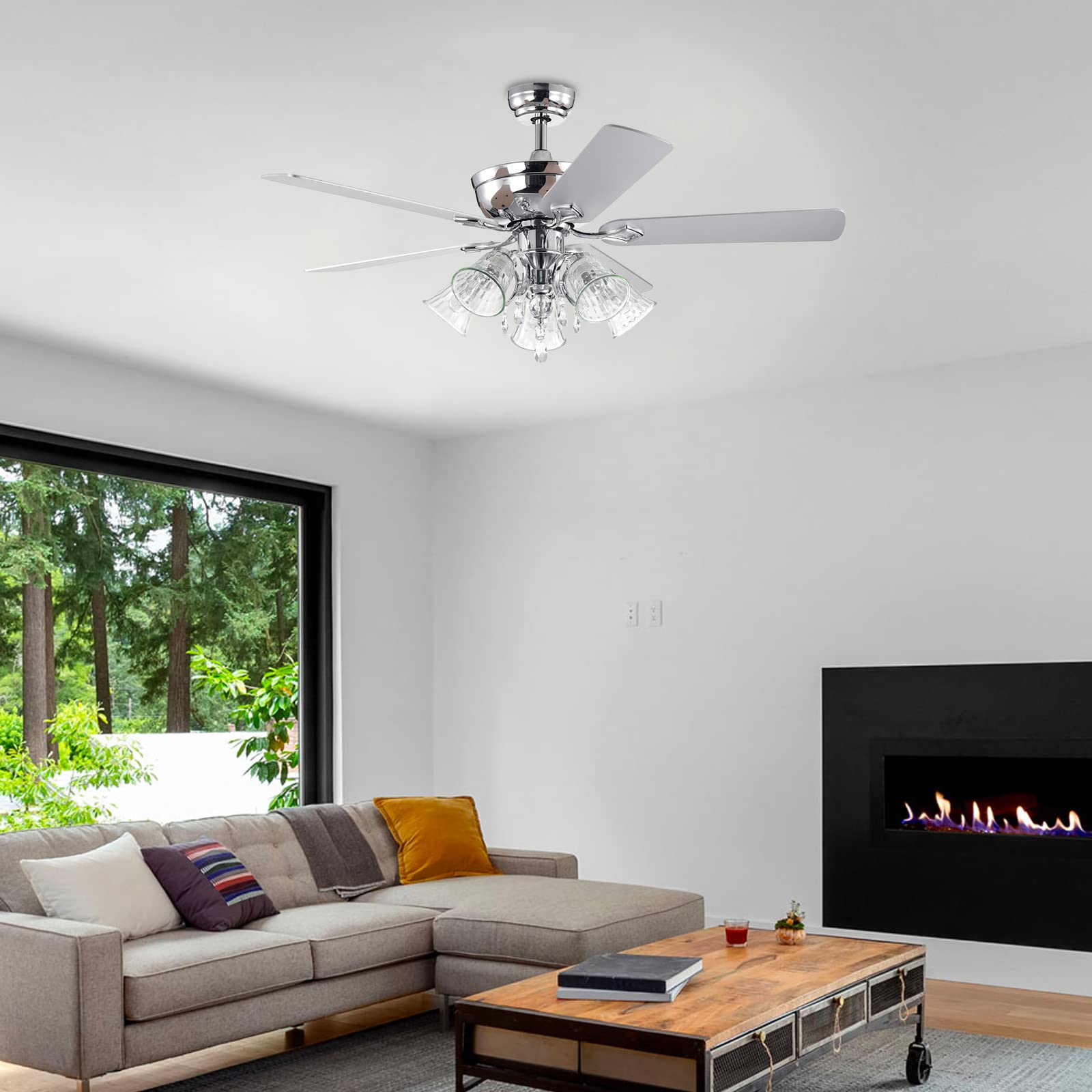 52 Inch Modern Crystal Chandelier Ceiling Fan with Lights & Remote Control - 5 Reversible Blades, 3 Speed Settings, Silver Chrome Finish - Perfect for Living Room, Bedroom, Dining Room & Indoor Spaces
