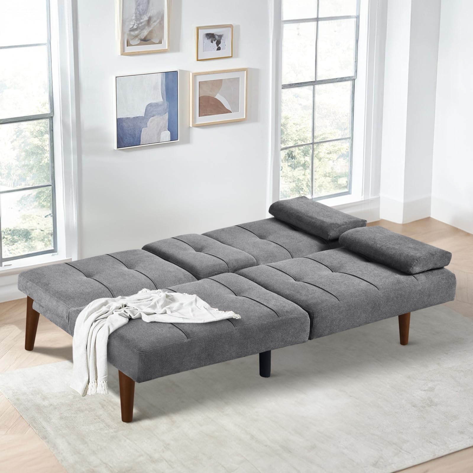 COLAMY Convertible Futon Sofa Bed - Small Fabric Couch with 2 Cup Holders, Removable Soft Armrest & Adjustable Backrest | Space-Saving Sleeper for Dorm, Bedroom, College Apartments | Light Grey Modern Furniture for Small Spaces