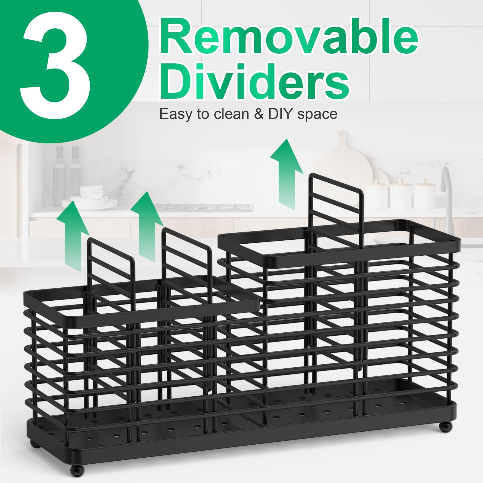 TomCare Extra Large Utensil Holder - Sturdy Metal Kitchen Organizer with 3 Removable Dividers for Spoons, Spatulas & Cutlery - Countertop Storage Caddy for Cooking Tools (Black) | Perfect for Kitchen Counter Organization & Easy Utensil Access While Cooking