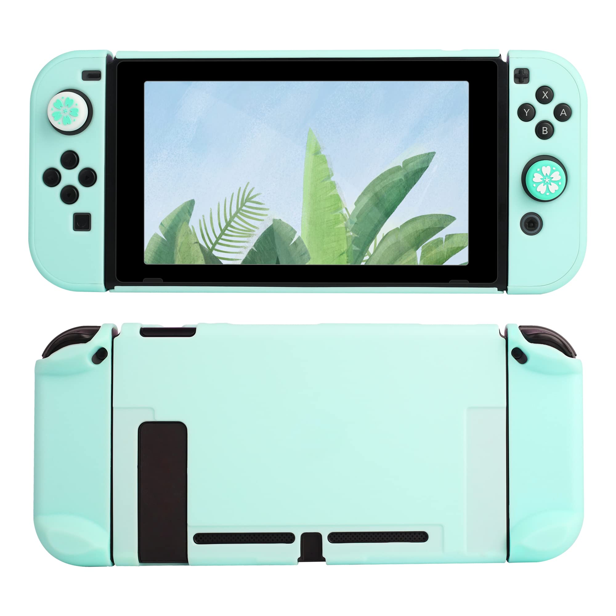 Durable Hard Shell Protective Case for Nintendo Switch & Joy-Con Controllers with 2 Flower Thumb Grips - Lightweight Shockproof Cover for Travel & Gaming (Cyan) - Perfect for On-the-Go Protection & Enhanced Gameplay