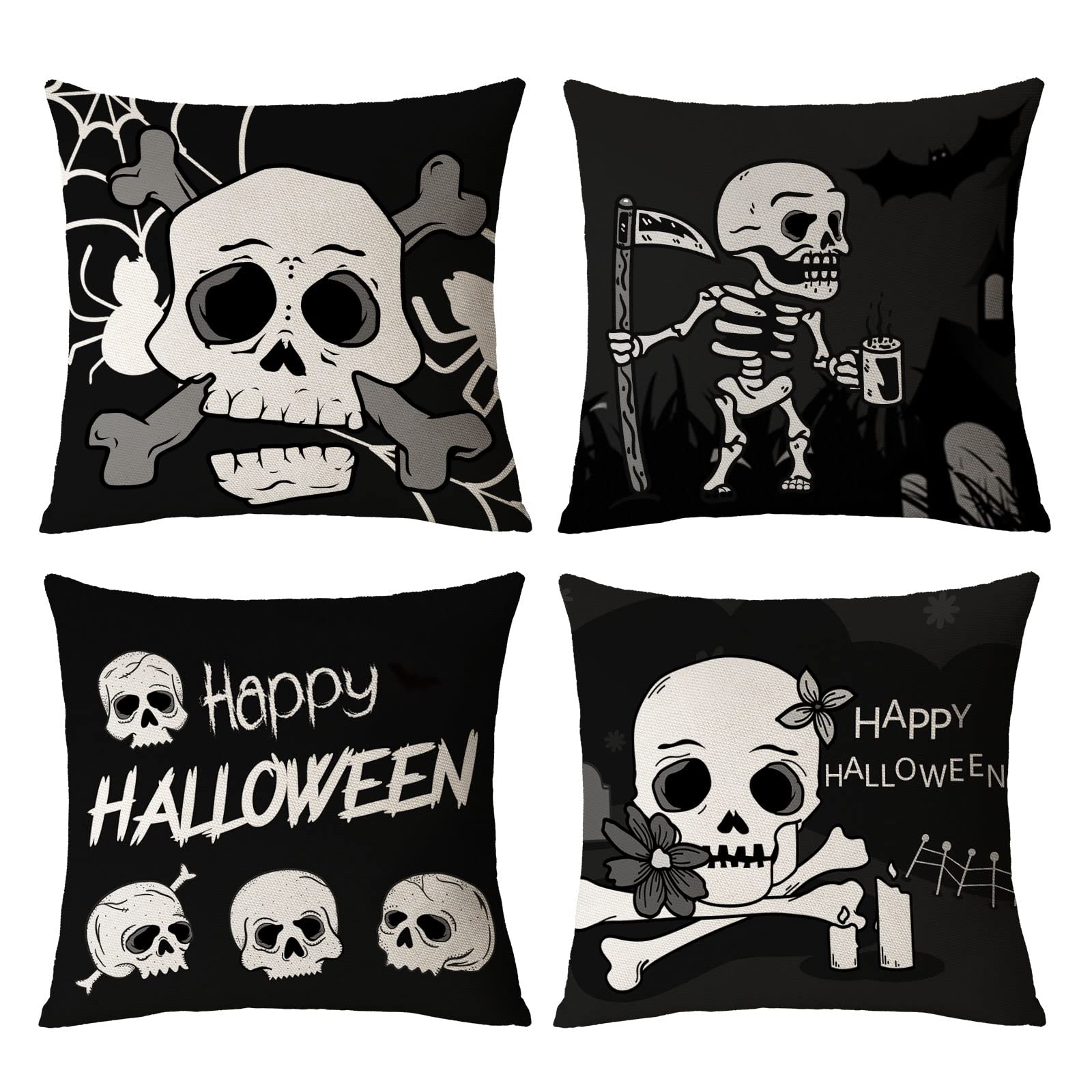 Halloween Pillow Covers 12x12 Set of 4 - Black Skeleton Ghost Throw Pillow Cases for Couch, Sofa & Outdoor Decor - Spooky Halloween Home Decoration Accessories (Perfect for Living Room, Porch & Party Decor)