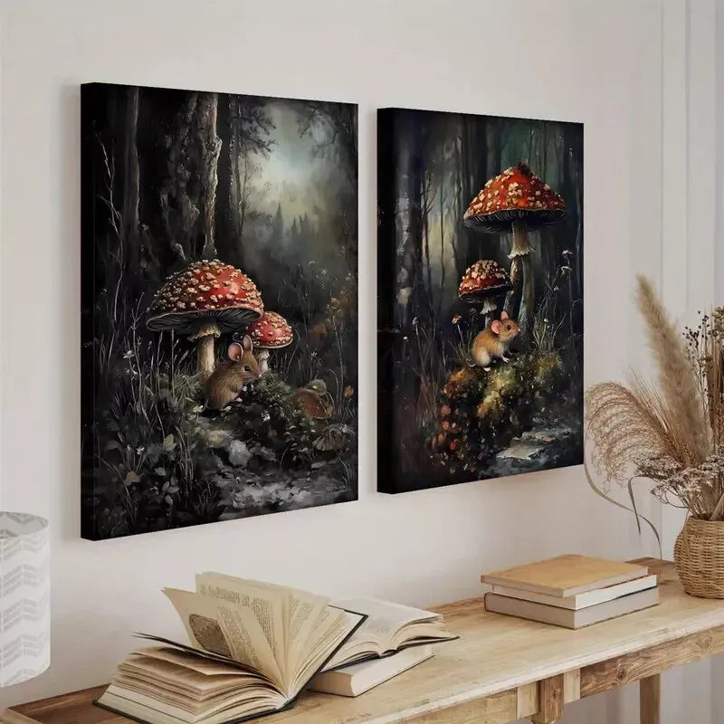 2-Piece Enchanted Forest Mural Wall Art Set - 50x75cm Framed Canvas Prints with Mushrooms & Floral Rat Design | High Quality Australian Made Home Decor | Perfect for Living Room, Bedroom & Nursery Decorations