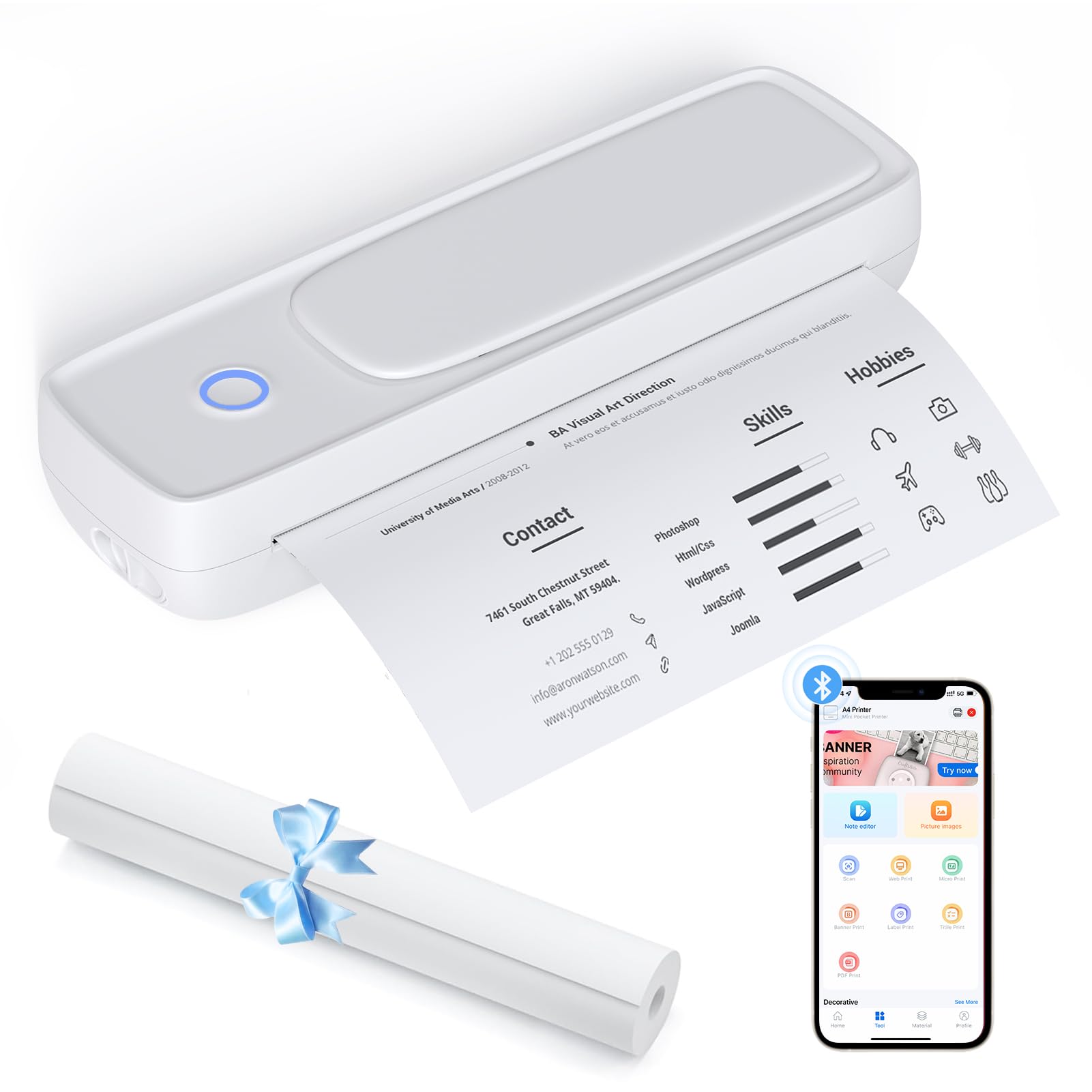 Bisofice Wireless Portable Thermal Printer - Inkless Mobile & PC Printer for Travel, Home & Office - Compatible with 8.5