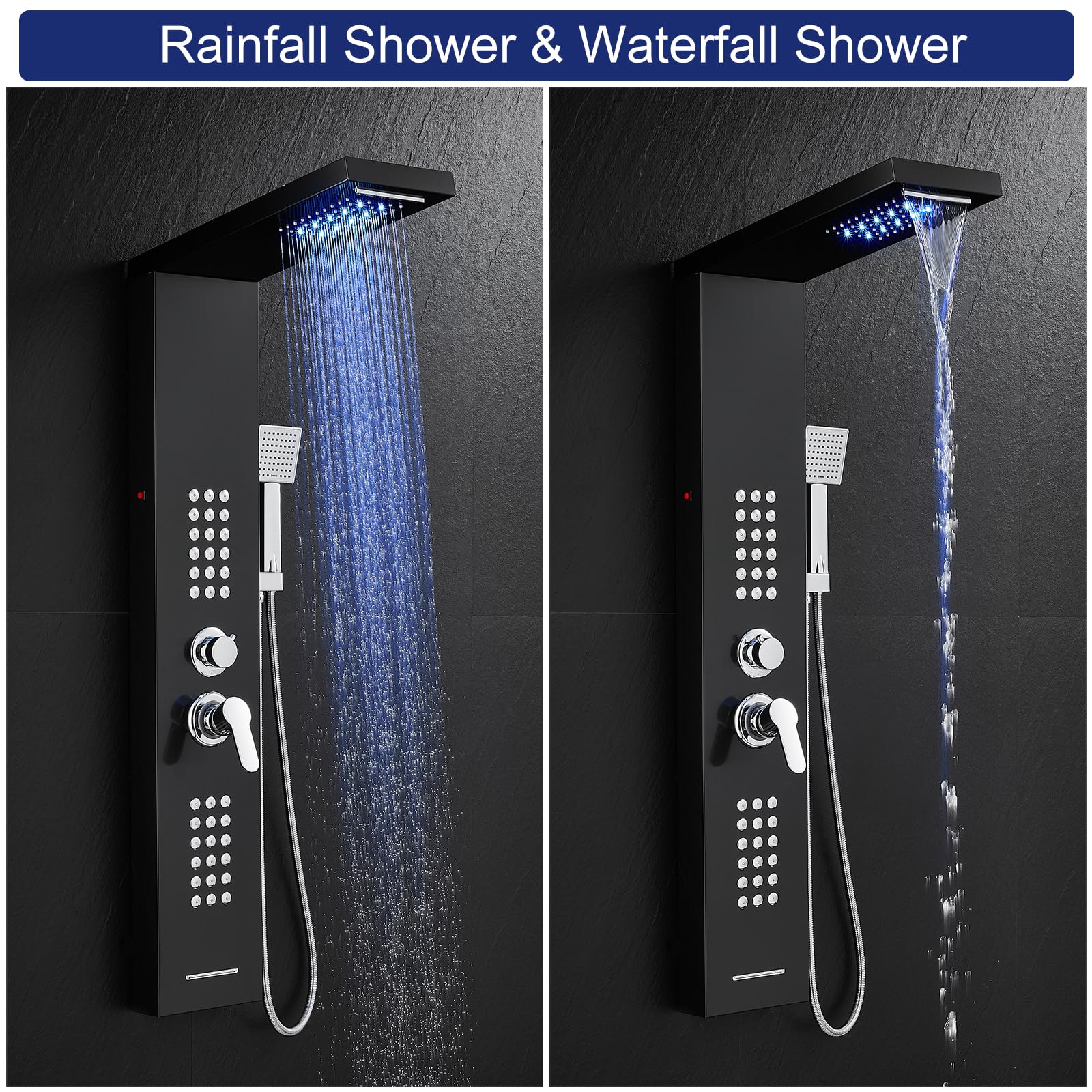 ROVATE 5-in-1 Stainless Steel LED Shower Panel Tower System - Rainfall Waterfall Shower Head with Massage Jets & Handheld Sprayer, High Pressure Shower Tower with Tub Spout (Black) - Perfect for Modern Bathroom Renovation & Spa-Like Shower Experience