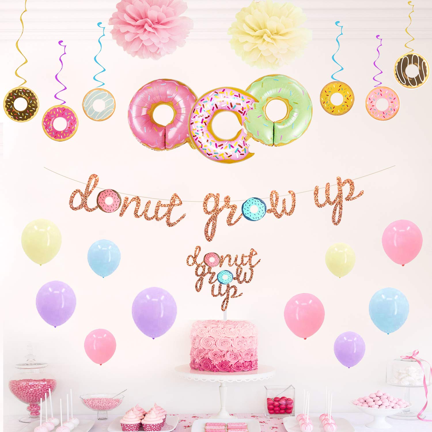 Donut Grow Up Party Decorations Kit - First Birthday Supplies with Glitter Banner, Cake Topper & Foil Balloons for Baby Shower, 1st Birthday Party Decor