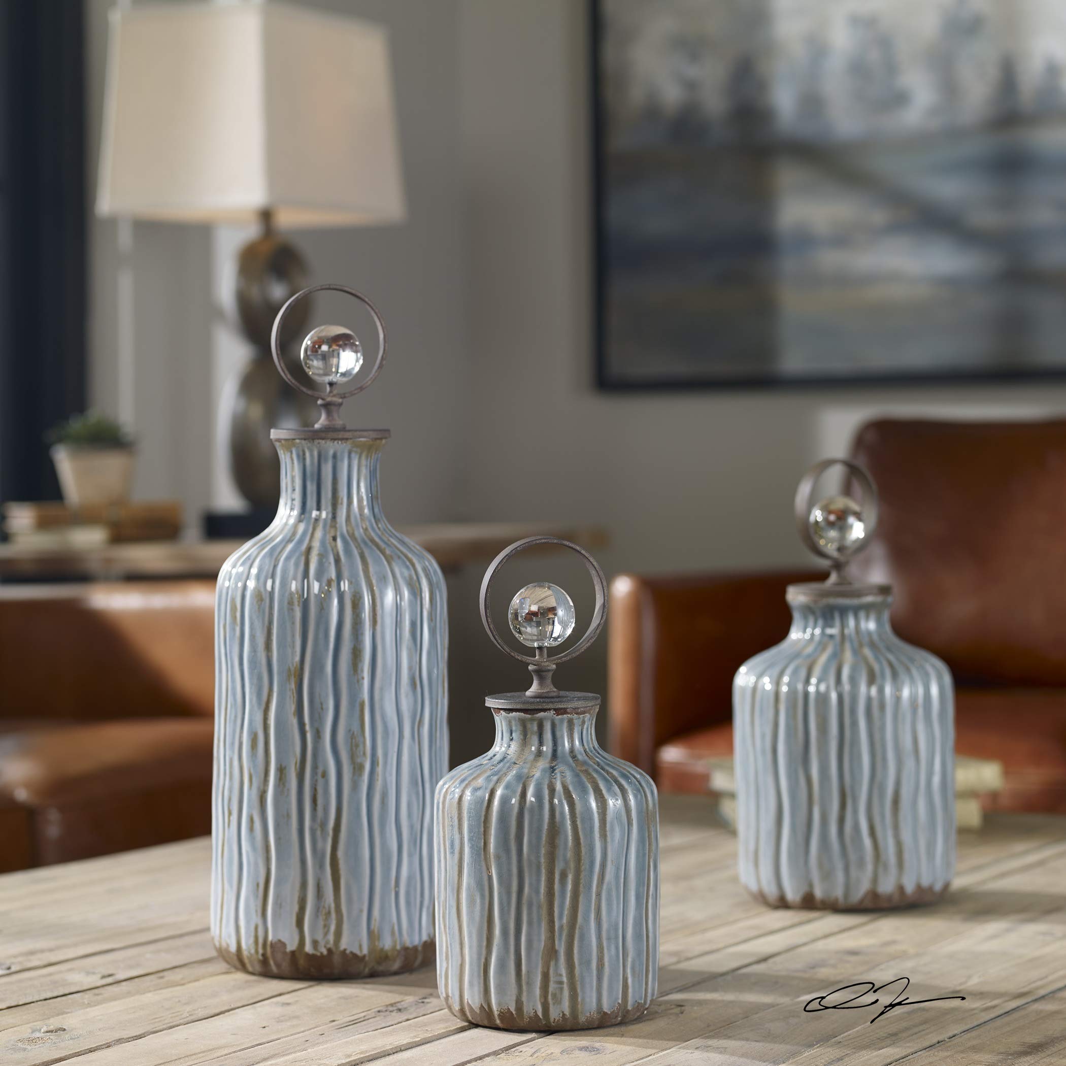 Set of 3 Mathias Grey Blue Fluted Ceramic Vases with Bronze Finials - 18