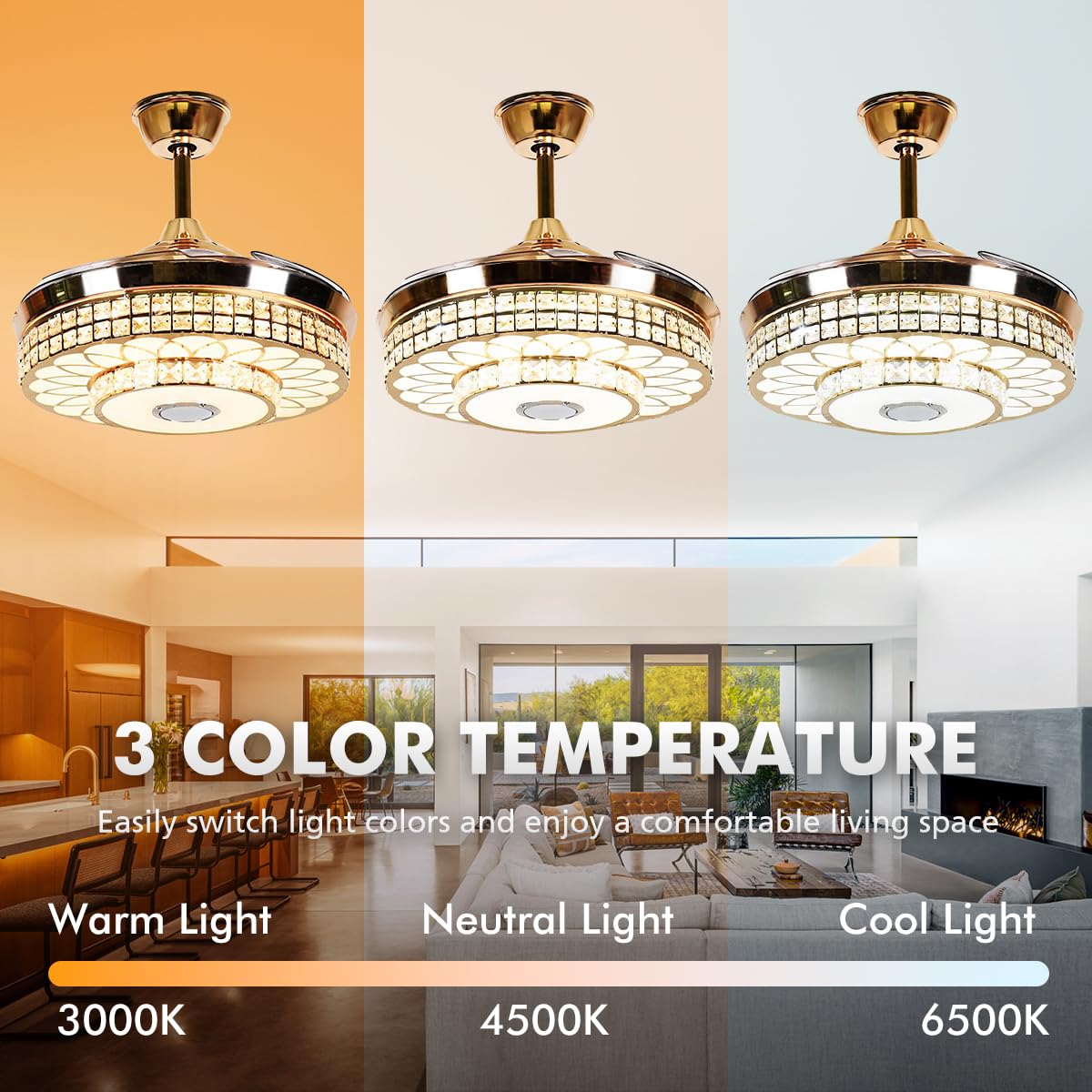 42 Inch Modern Crystal Ceiling Fan with LED Light & Remote Control - 3 Speed Levels, Retractable Chandelier Design, Bluetooth Speaker - Perfect for Living Room, Dining Room & Bedroom