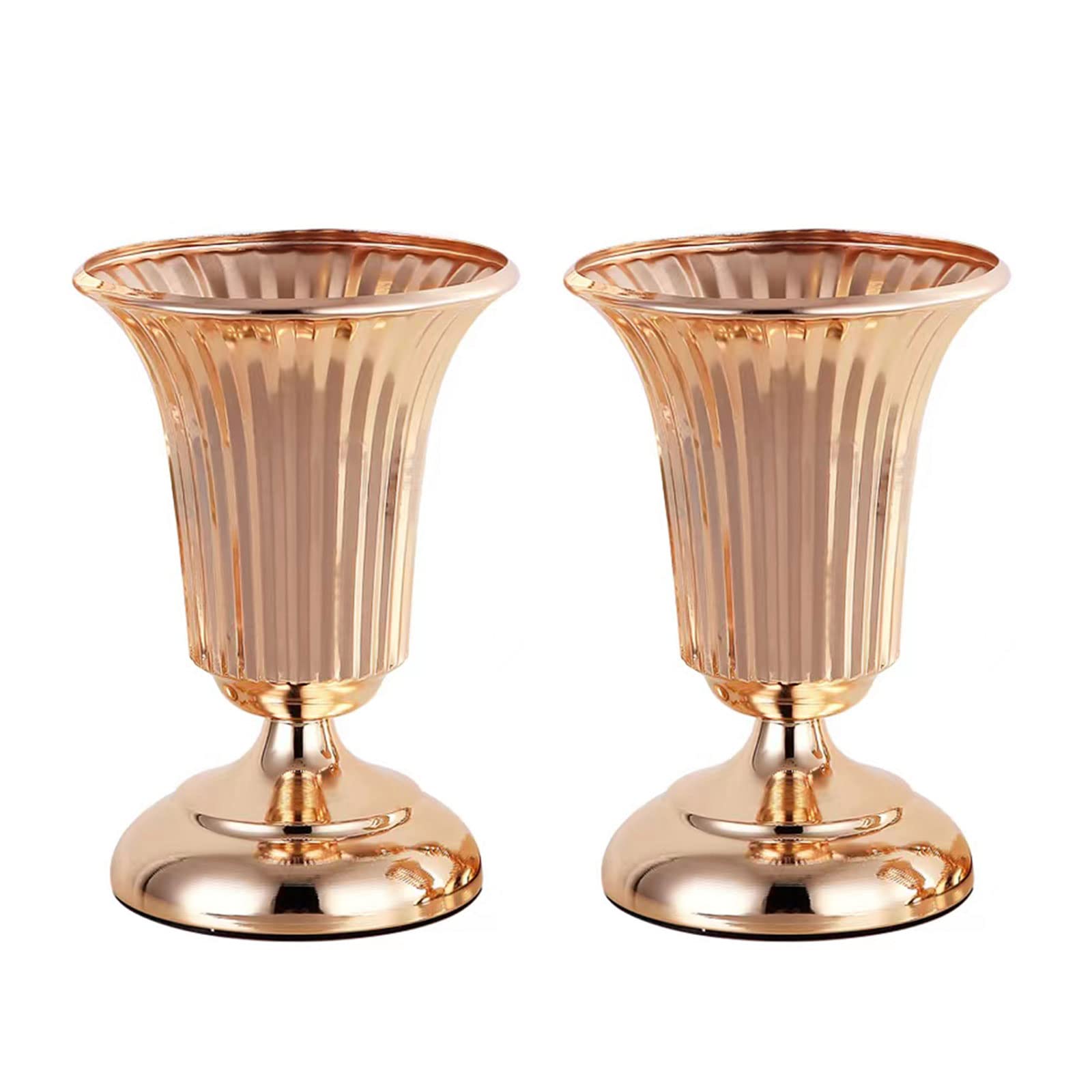 Golden Wedding Centerpiece Vases Set of 2 - 8 Inch Metal Trumpet Vases with Vertical Stripes for Wedding Flower Arrangements, Anniversary Decor, Party Table Centerpieces - Perfect for Wedding Receptions, Bridal Showers & Romantic Home Decor