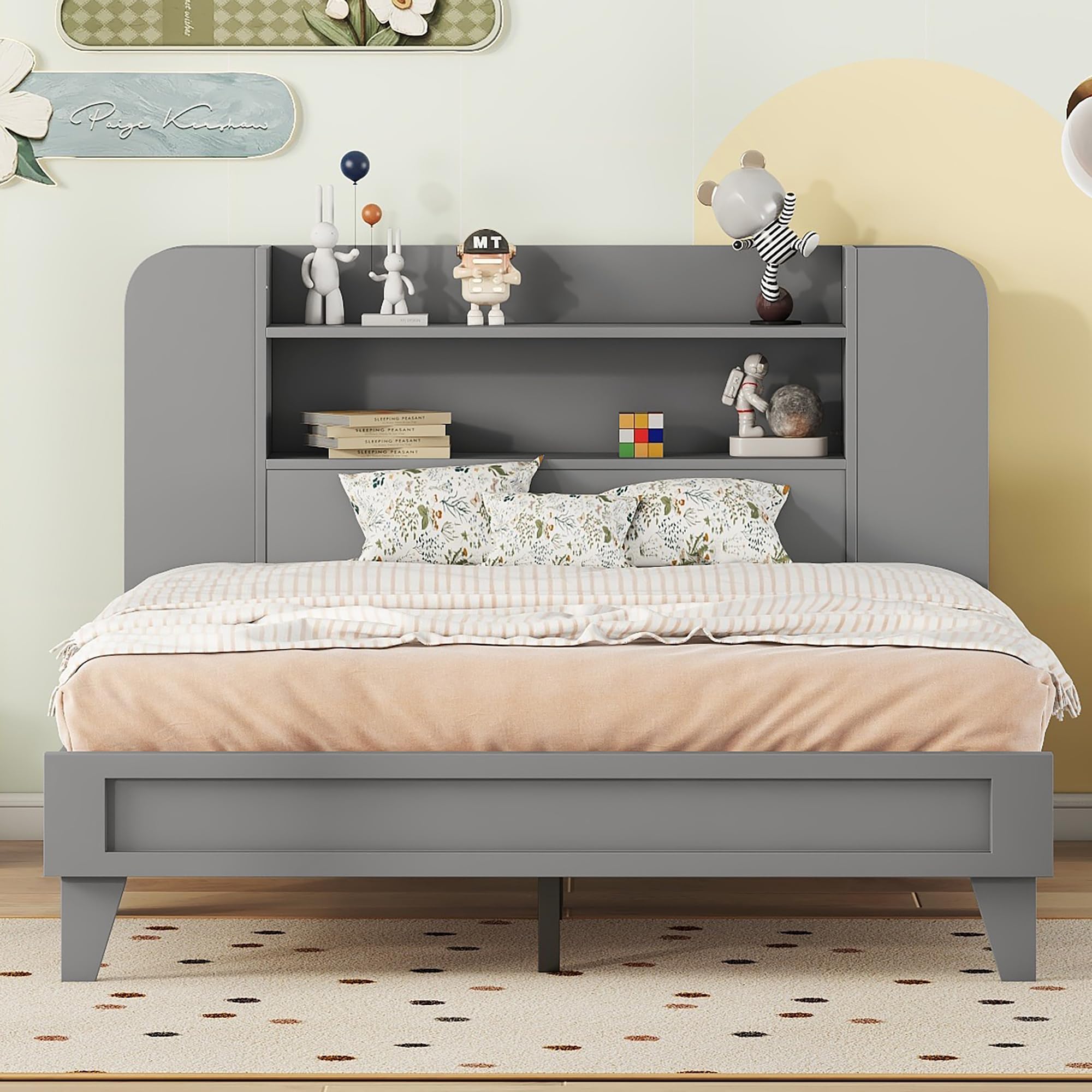 Full Size Wooden Platform Bed Frame with Storage Headboard & Shelves - Grey Kids Bed for Boys & Girls - Perfect for Small Bedrooms, Dorm Rooms & Space-Saving Storage Solutions