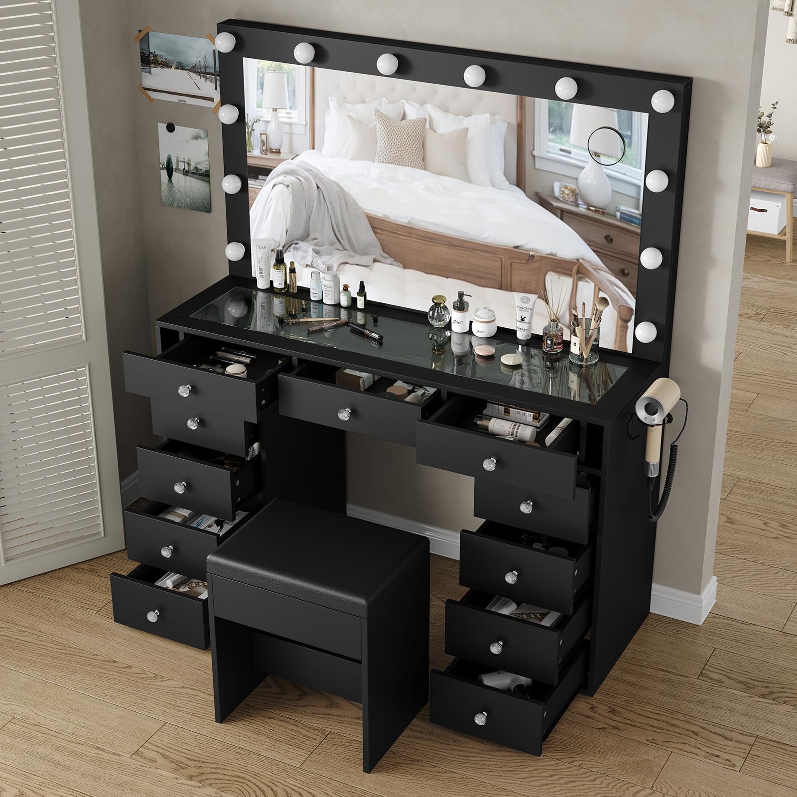 Vanity Desk with Power Outlet & 12 LED Lights - Makeup Table with Mirror, 11 Drawers & 3 Adjustable Lighting Modes - Perfect for Bedroom, Dressing Room & Beauty Salon (Black)
