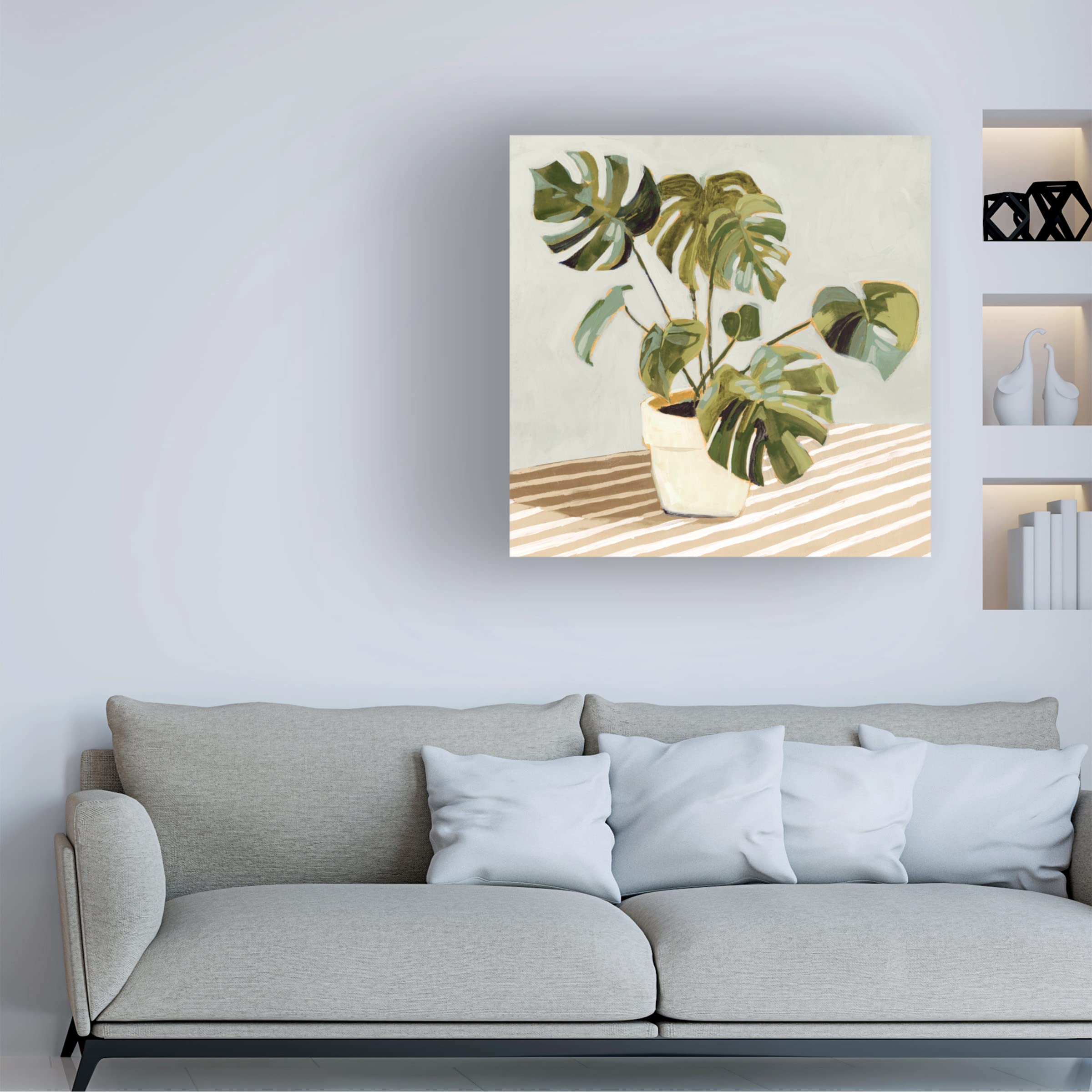 Victoria Barnes 'Plant on Stripes II' Canvas Wall Art - Modern Botanical Print for Living Room, Bedroom & Office Decor | Framed Ready-to-Hang Home Decoration