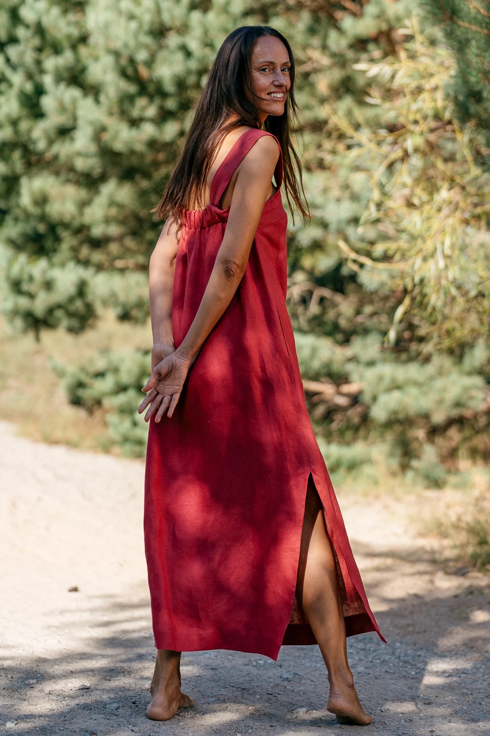 Elegant Linen Strap MAXI Dress ADELE in Raspberry - Perfect for Summer Beach Vacations, Weddings & Casual Outings