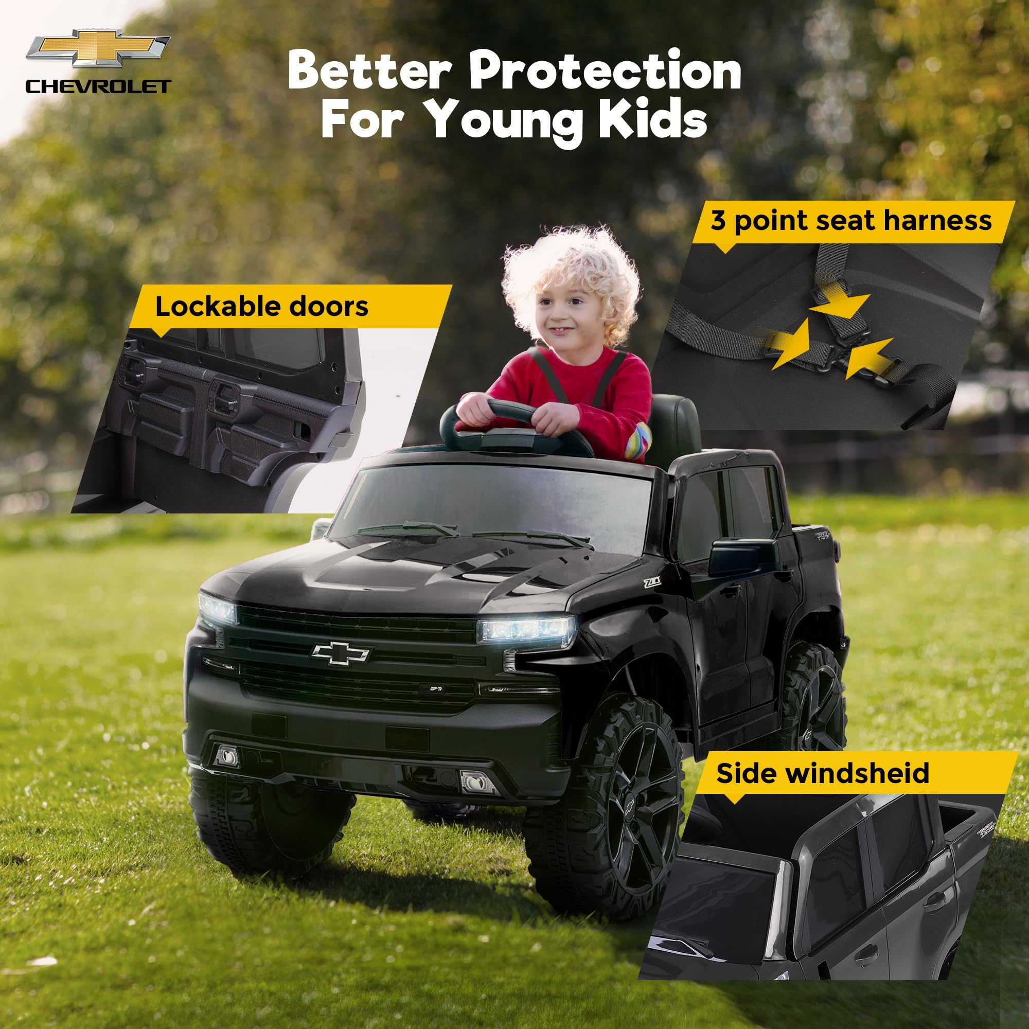 Licensed Chevrolet Kids Electric Ride-On Truck - 12V Battery-Powered Toy Car with LED Lights, MP3 Player & Storage - Black | Outdoor Play, Birthday Gifts for Boys & Girls Ages 3-8