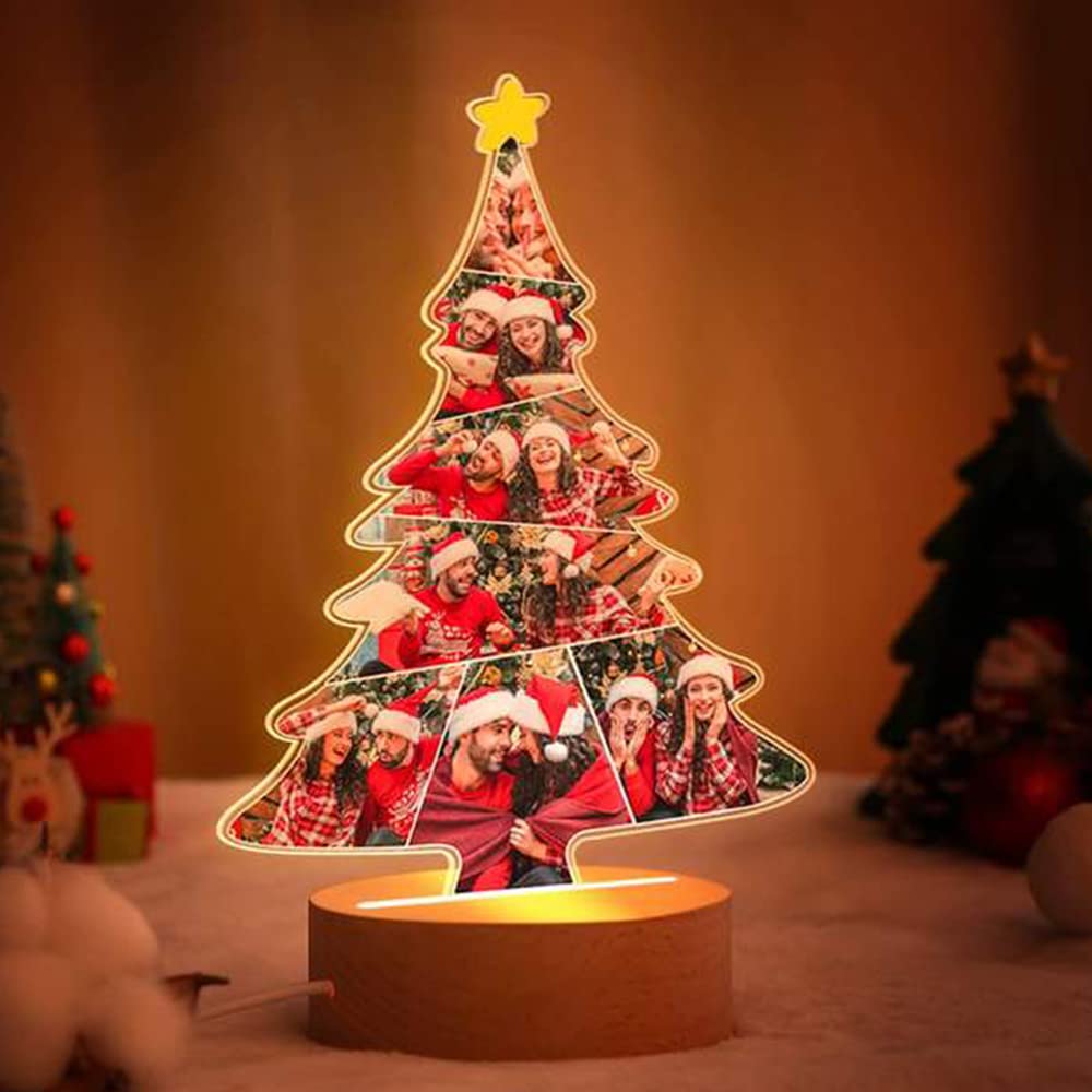 Custom Christmas Tree Photo LED Night Light - Personalized 7-Photo Acrylic Table Lamp with USB Power for Holiday Decor | Perfect for Christmas, Weddings & Party Decorations