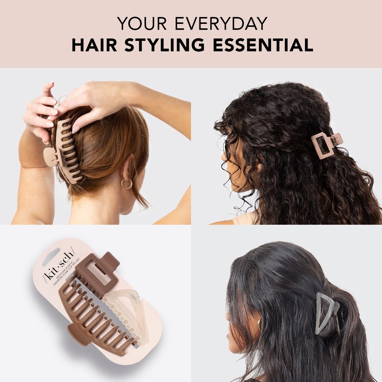 Kitsch Large Hair Clips for Women - 3 Pack Assorted Hair Claw Clips for Thick Hair (Medium & Small Open Shape) - Perfect for Teens, Girls & Women - Great for School, Work, Travel & Everyday Styling