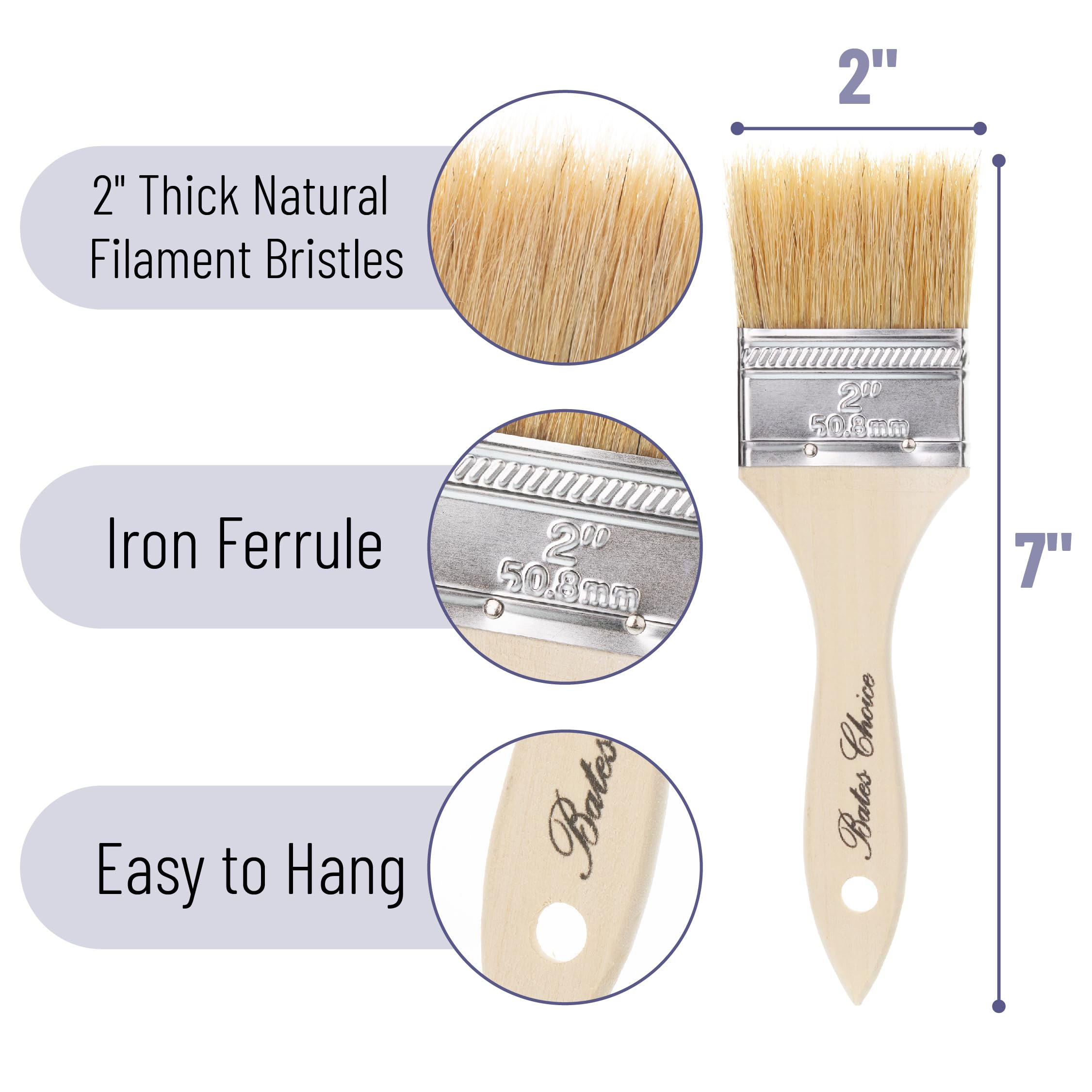 Bates 2 Inch Natural Bristle Chip Paint Brushes - 48 Pack for Wood Staining, Painting & DIY Projects | Professional Quality Paint Brushes for Furniture, Cabinets & Home Improvement