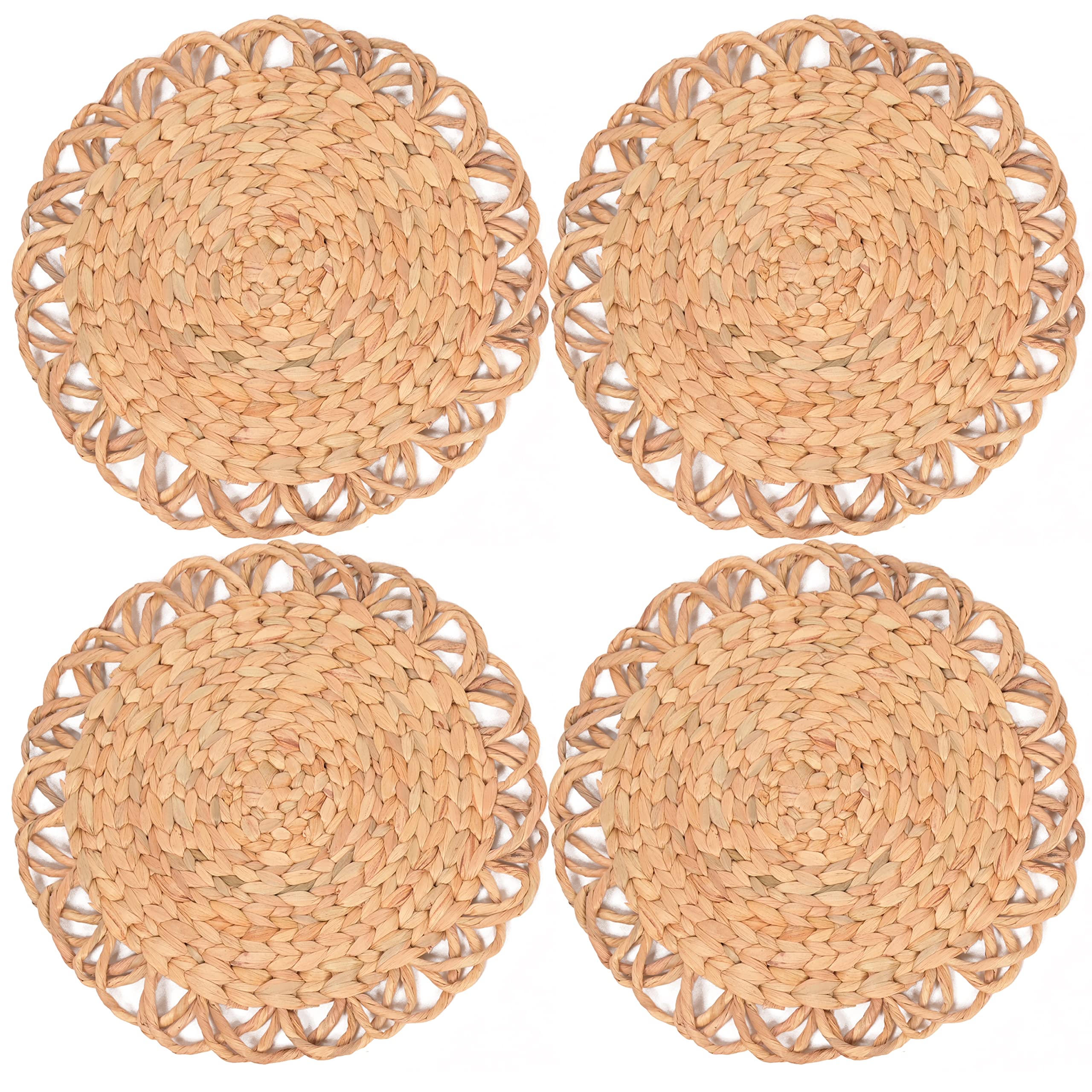 Boho Flower Placemats Set of 4 - 13.4 Inch Round Woven Water Hyacinth Wicker Straw Placemats for Dining Table - Natural Decorative Table Mats for Boho Kitchen, Farmhouse Dining, and Outdoor Picnic Use