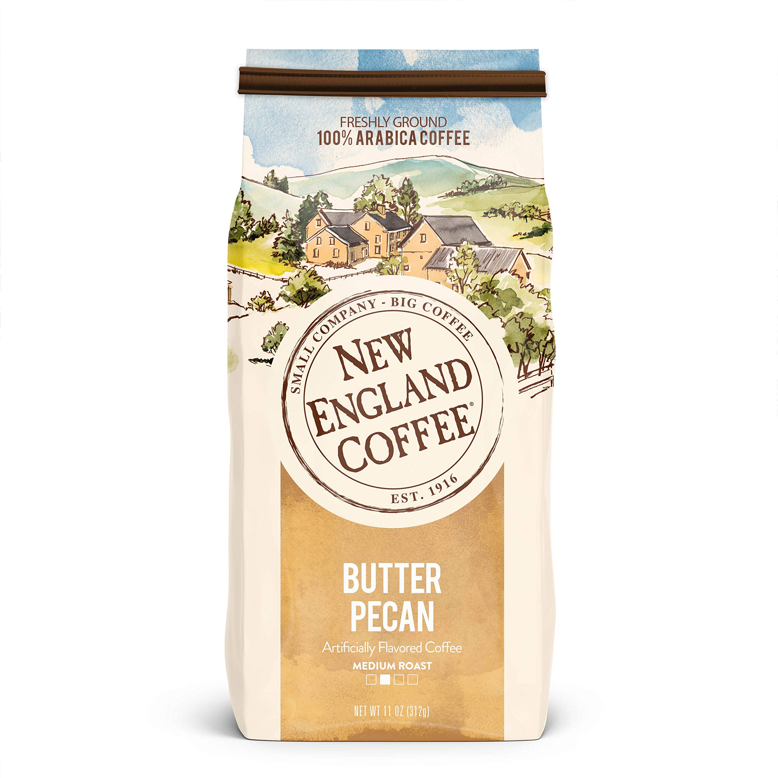 New England Butter Pecan Medium Roast Ground Coffee - 11oz Bag (Pack of 1) | Rich & Smooth Flavored Coffee for Breakfast, Office & Relaxing Moments