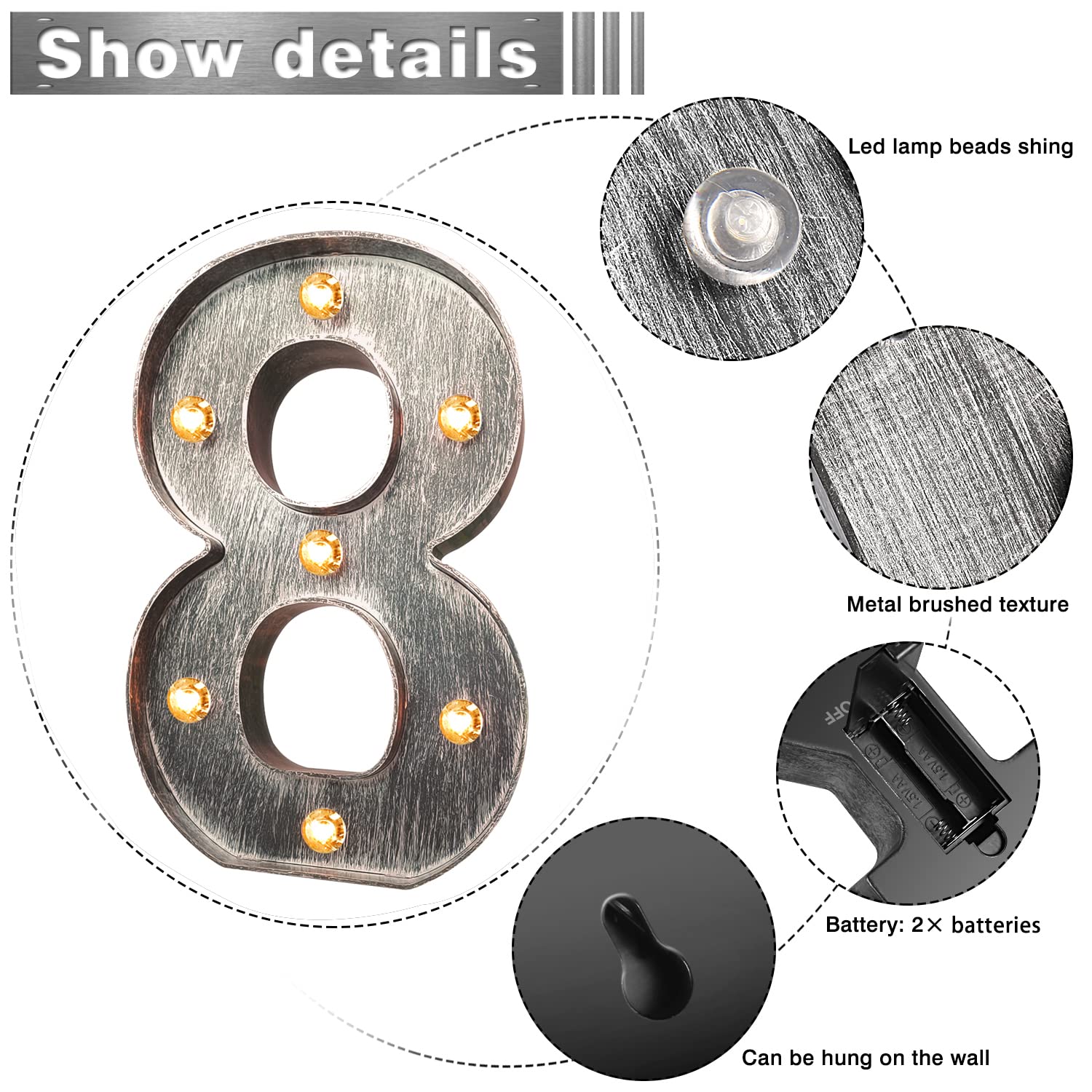 Brushed Silver Gray LED Number Lights - Battery Powered Light Up Sign for Night Light, Wedding, Birthday Party, Christmas Decor, Home Bar - Perfect for Indoor and Outdoor Celebrations