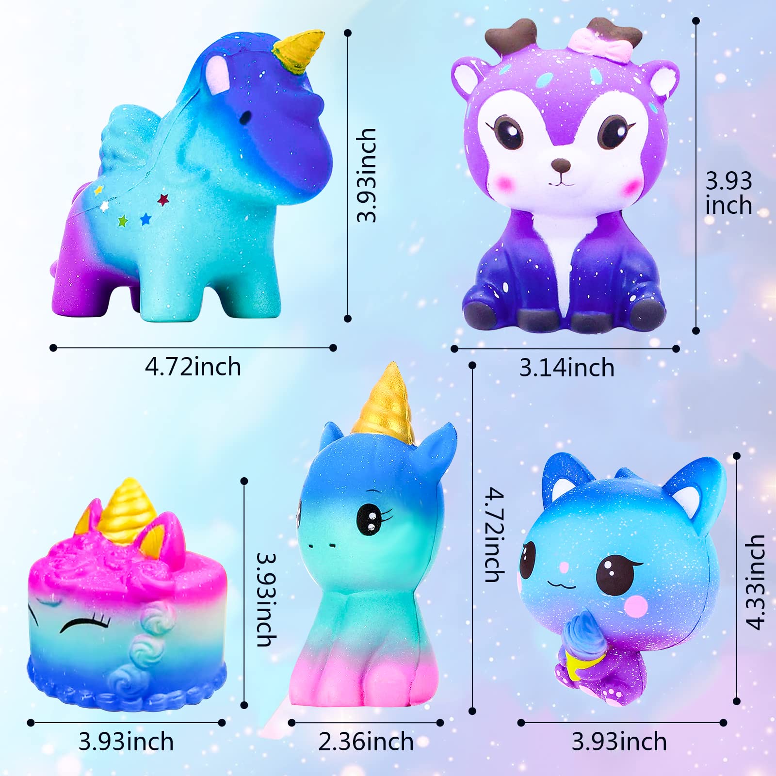 Squishy Stress Relief Toys for Kids & Adults - Galaxy Jumbo Perfumed Squishies Pack with Deer Panda Unicorn - Perfect for Relaxation & Play