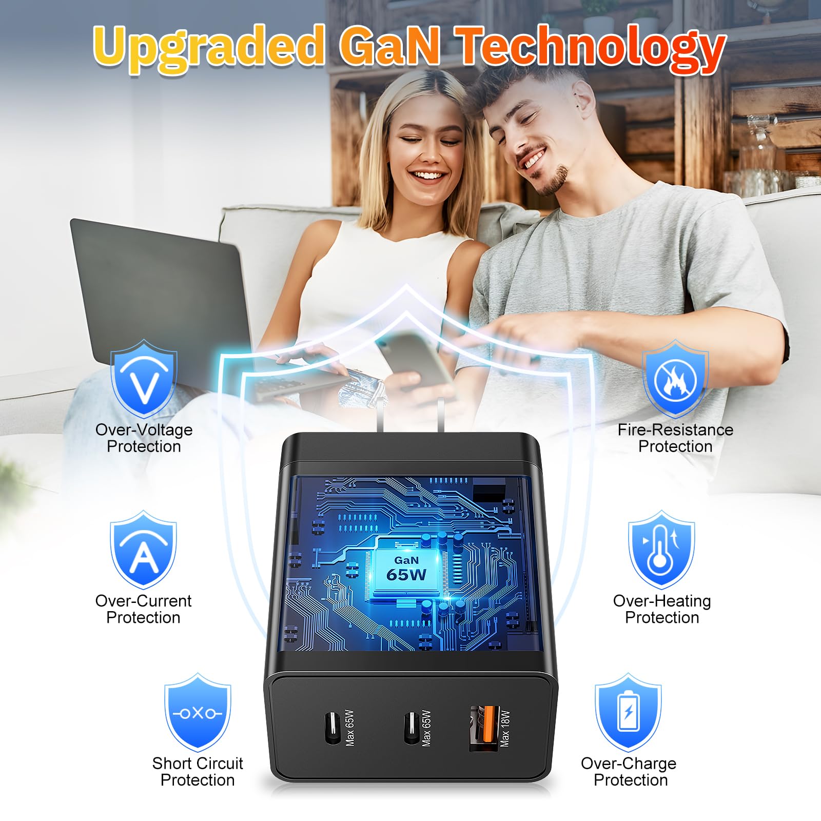 65W GaN Fast Charger with 3 Ports - USB C Wall Charger for iPhone 15/14, iPad, Samsung S23, MacBook Pro/Air - Compact Power Adapter for Home, Office & Travel Charging Multiple Devices Simultaneously
