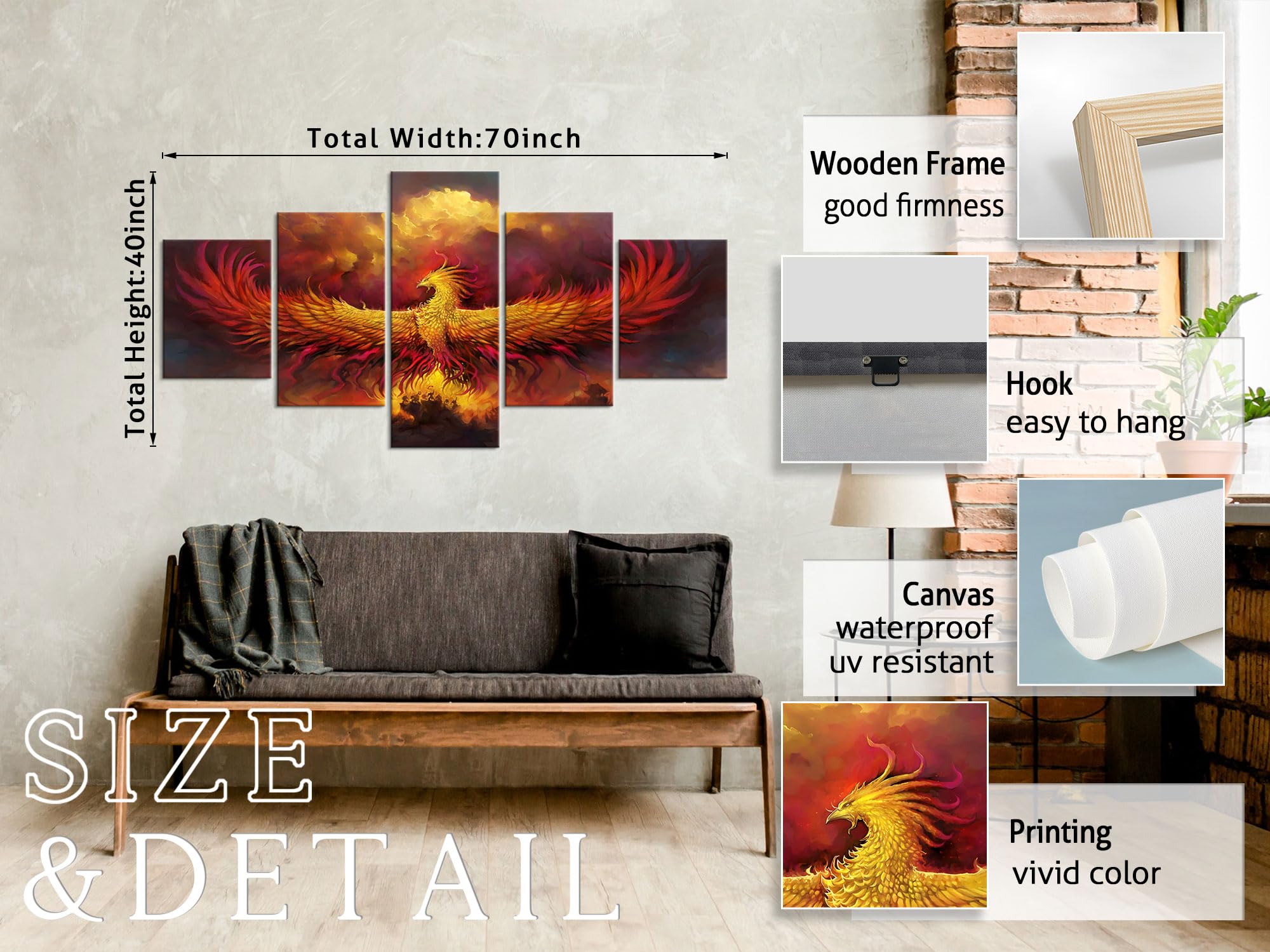 YOUHONG 5-Piece Large Phoenix Bird Wall Art Canvas - Stunning Animal Wall Decor for Living Room & Bedroom - Ready to Hang 70x40 Inches - Perfect for Home, Office & Gift Giving