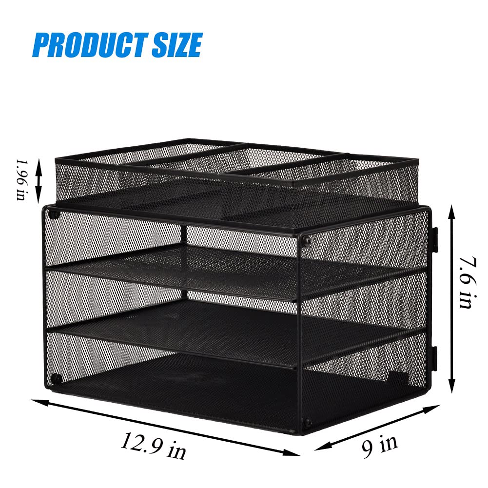 EASEPRES 3-Tier Mesh Paper Organizer Tray with Drawer - Black Desk File Organizer & Letter Sorter for Home Office - Perfect for Bills, Mail, Documents and Office Supplies Storage