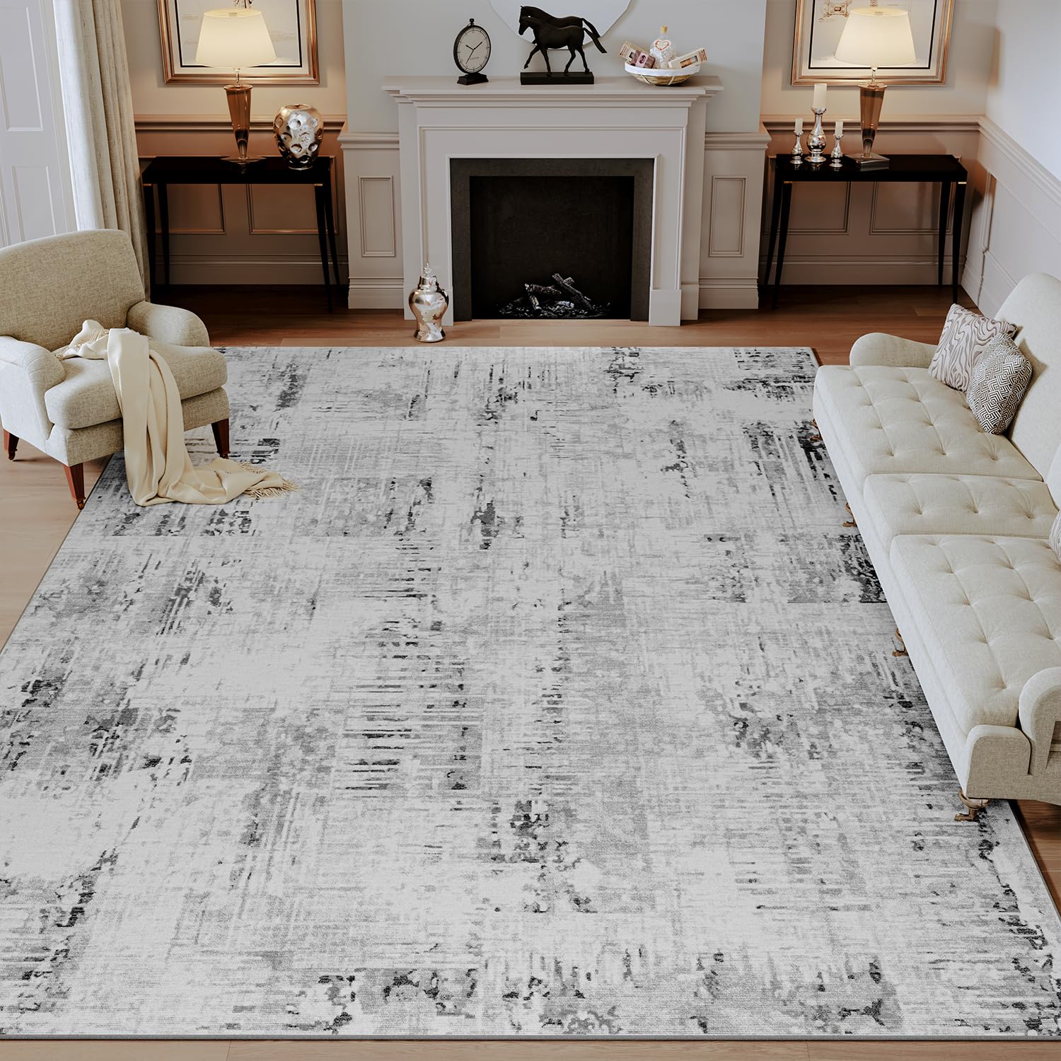 Modern Abstract 5x7 Grey Area Rug - Machine Washable Non-Slip Carpet for Living Room, Bedroom & Dining Room - Aesthetic Home Decor for Cozy Spaces & Stylish Interiors