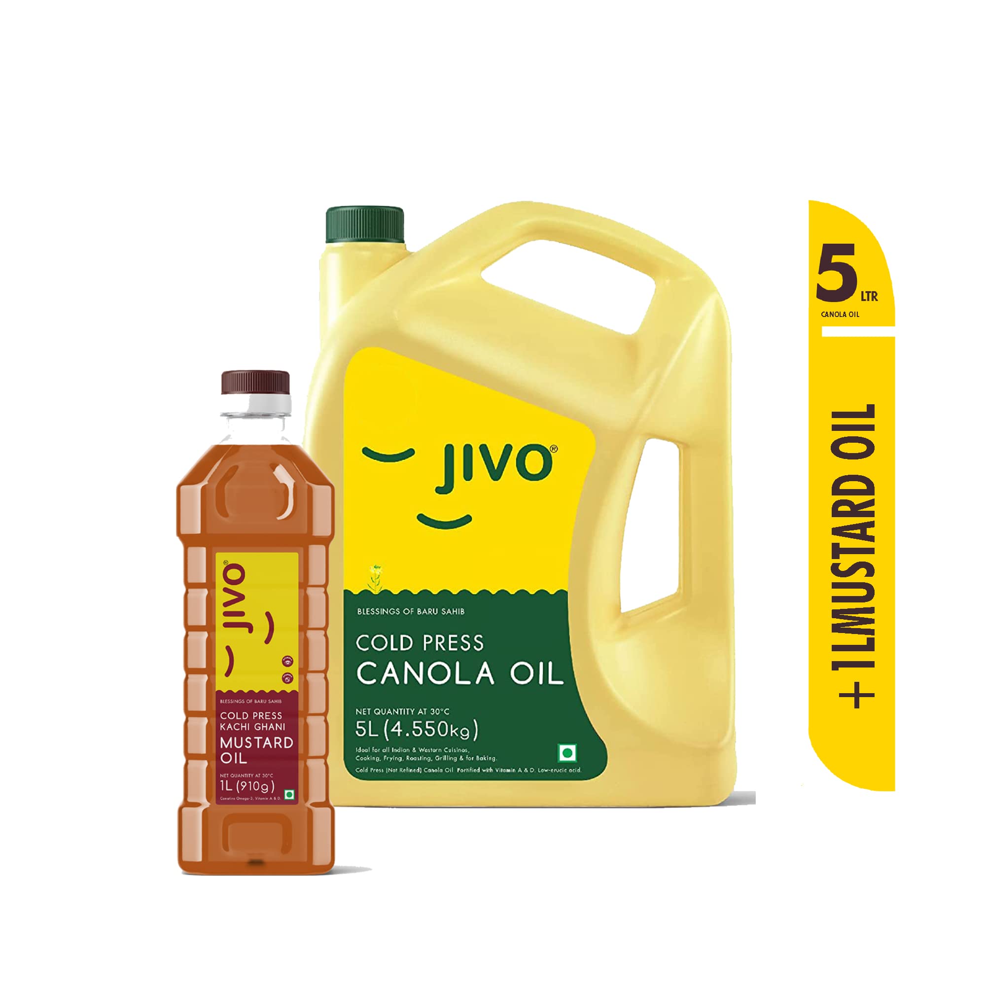 Jivo Cold Pressed Canola Oil 5L + Chemical-Free Kachi Ghani Mustard Oil 1L (6L Pack) | Healthy Cooking Oil for Frying, Baking & Roasting | Perfect for Indian, Asian & International Cuisines | Ideal for Home Cooking & Restaurant Use