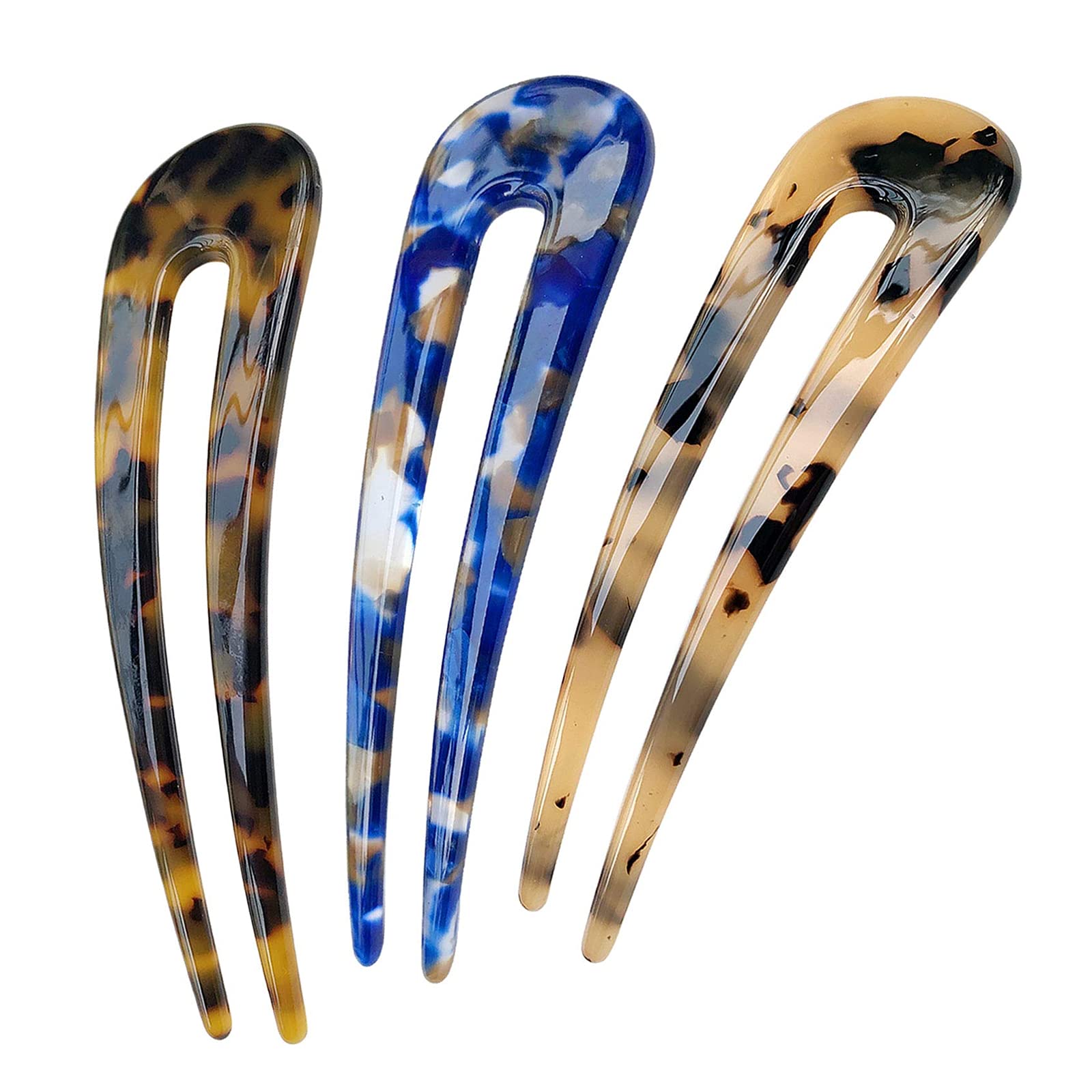 Vintage Hair Forks - 3 Pack Tortoiseshell Hairpins | U-Shaped French Style Hair Sticks | Cellulose Acetate 2-Prong Bun Pins for Women & Girls (Tortoiseshell, White, Dark Blue) - Perfect for Updos, Braids & Formal Hairstyles
