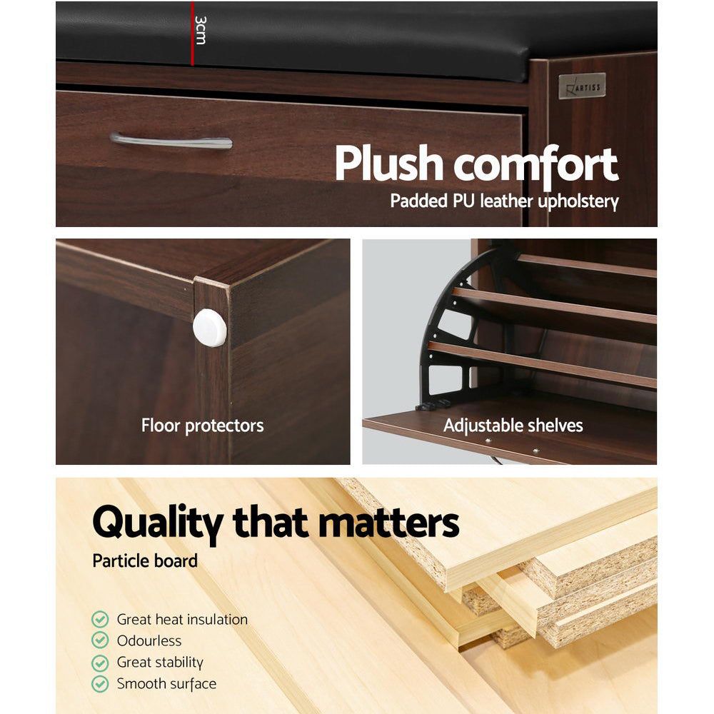 15-Pair Walnut Shoe Bench Cabinet - Entryway Shoe Storage Organizer for Hallway, Mudroom & Closet Organization