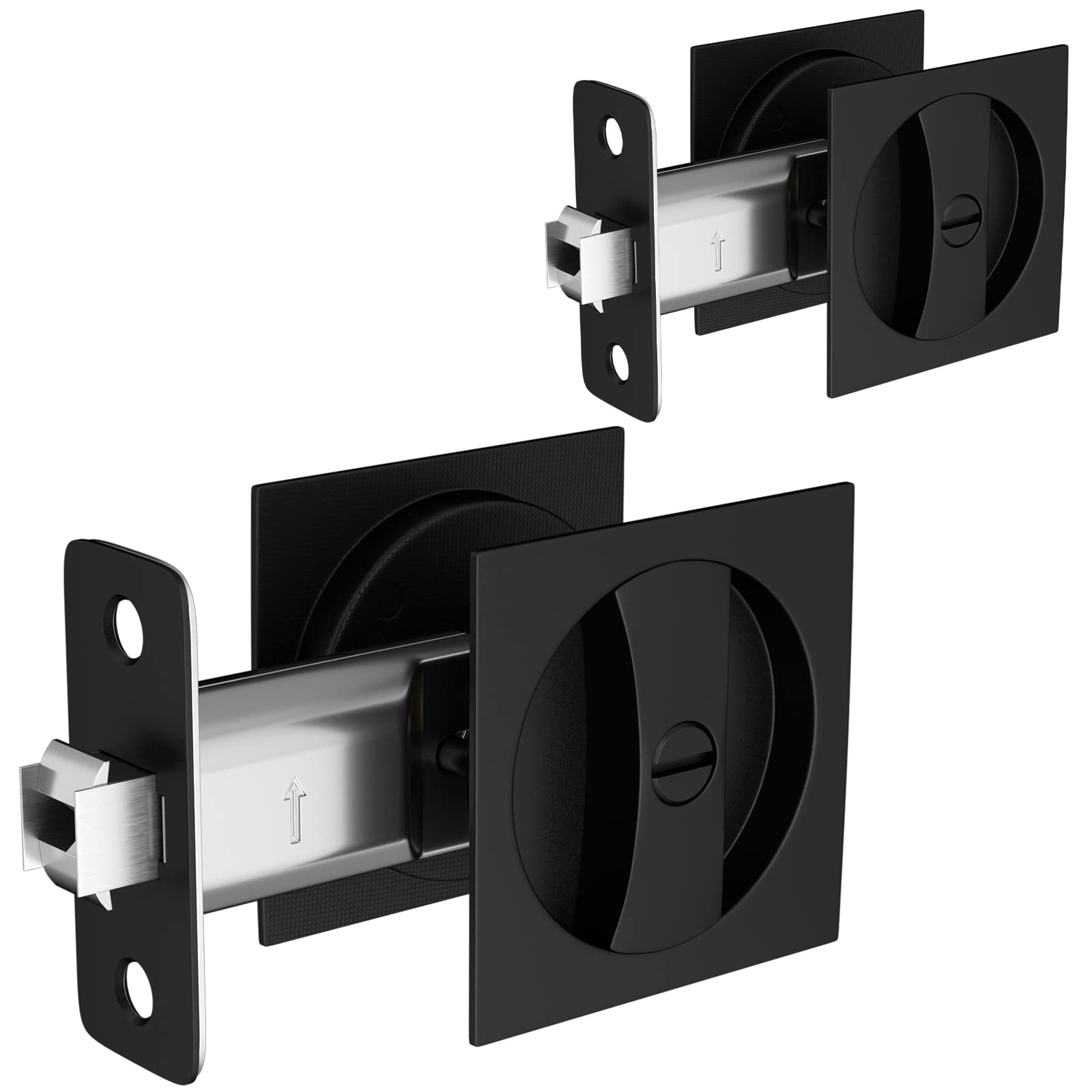 GoldenWarm 2 Pack Matte Black Pocket Door Lock for Bedroom & Bathroom - Contemporary Square Privacy Hardware with Flush Latch (2-3/8