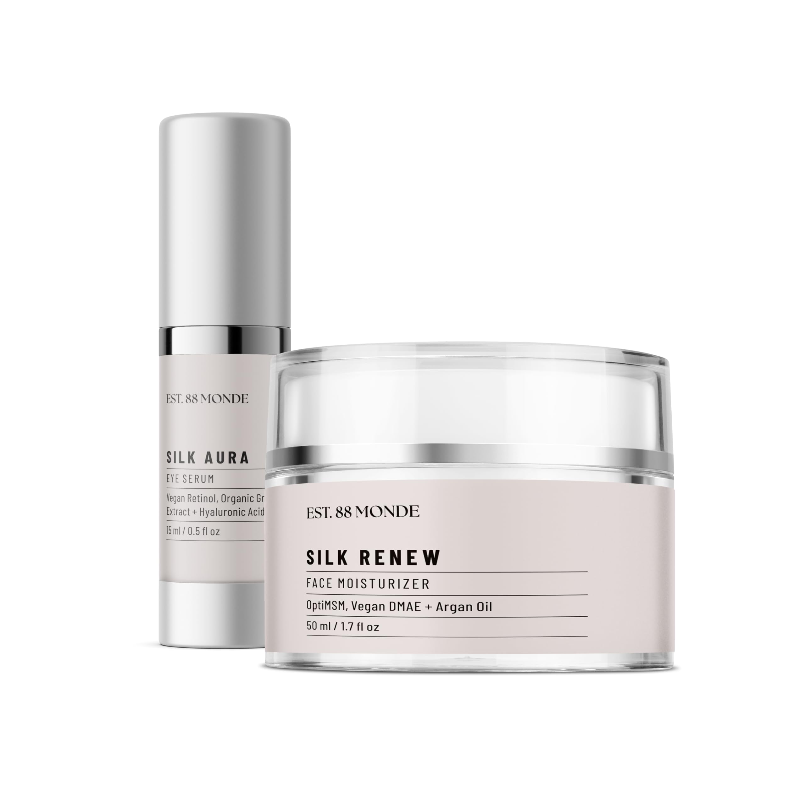 EST. 88 Monde Silk Renew Face Moisturizer & Eye Serum Set - 1.7oz Face Cream + 0.5oz Eye Treatment with Argan Oil, Hyaluronic Acid & Vegan Retinol - Hydrating Anti-Aging Skincare Bundle for Dry Skin & Dark Circles - Perfect for Night Routine & Travel Skincare Kit