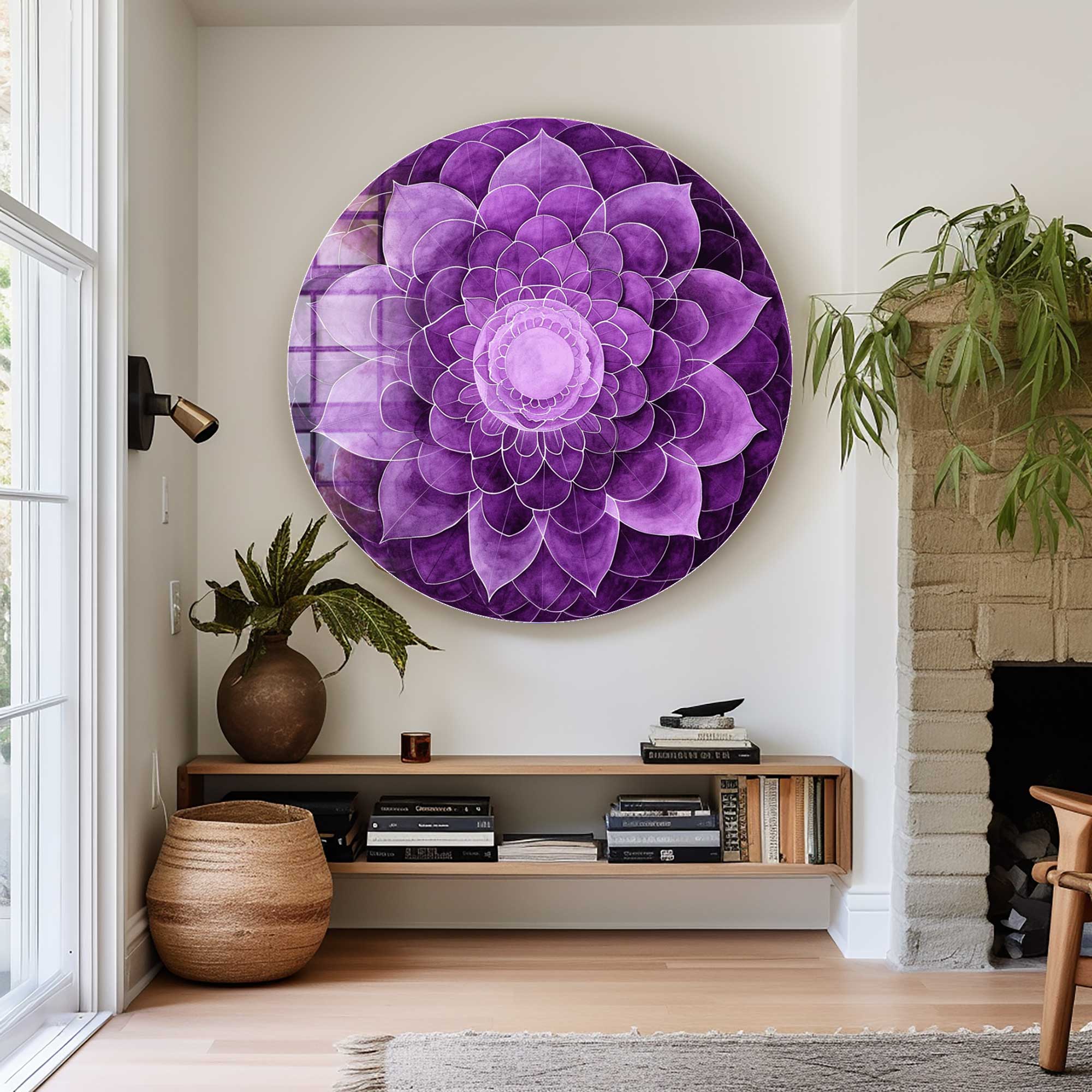 Purple Flower Rounded Glass Wall Art - Elegant Home Decor for Living Room, Bedroom & Office - Perfect for Gifts & Interior Design