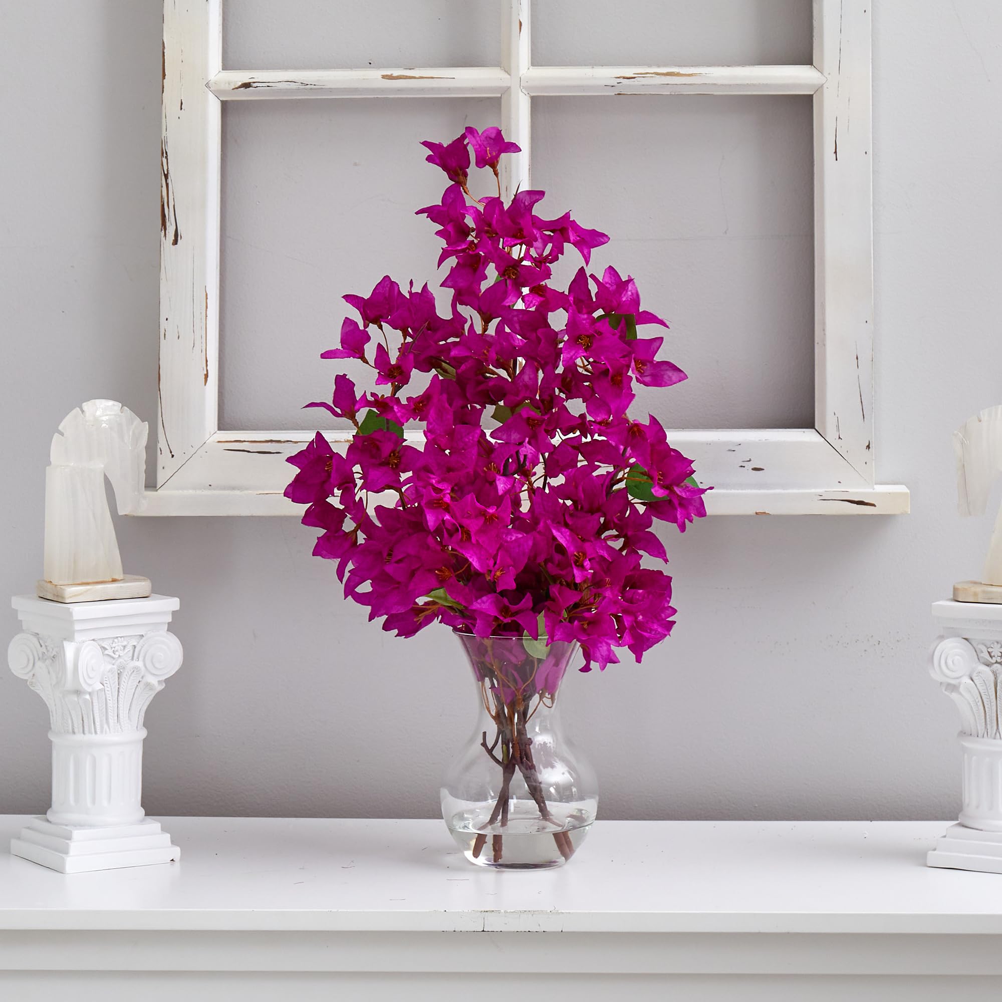 Nearly Natural 22 Inch Artificial Bougainvillea Silk Flower Arrangement in Fluted Glass Vase - Perfect for Home Decor, Wedding Centerpieces & Office Tabletop Displays