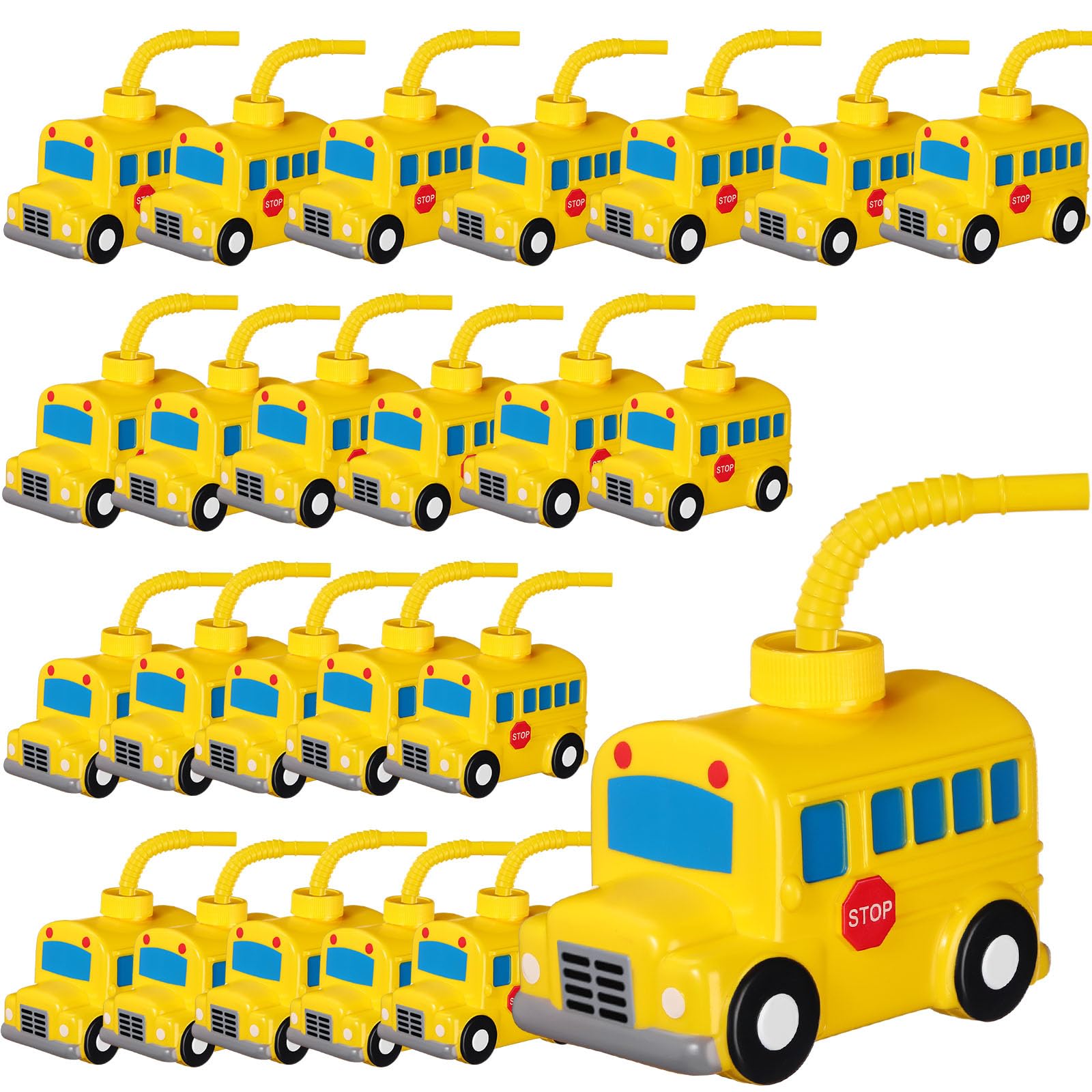 24-Pack Tanlade School Bus Shaped Plastic Cups with Straws - Reusable Party Favor Supplies for School Celebrations, First Day of School, Birthday Parties & Car Themed Events - Bulk Pack for Classroom Treats & Kids' Events