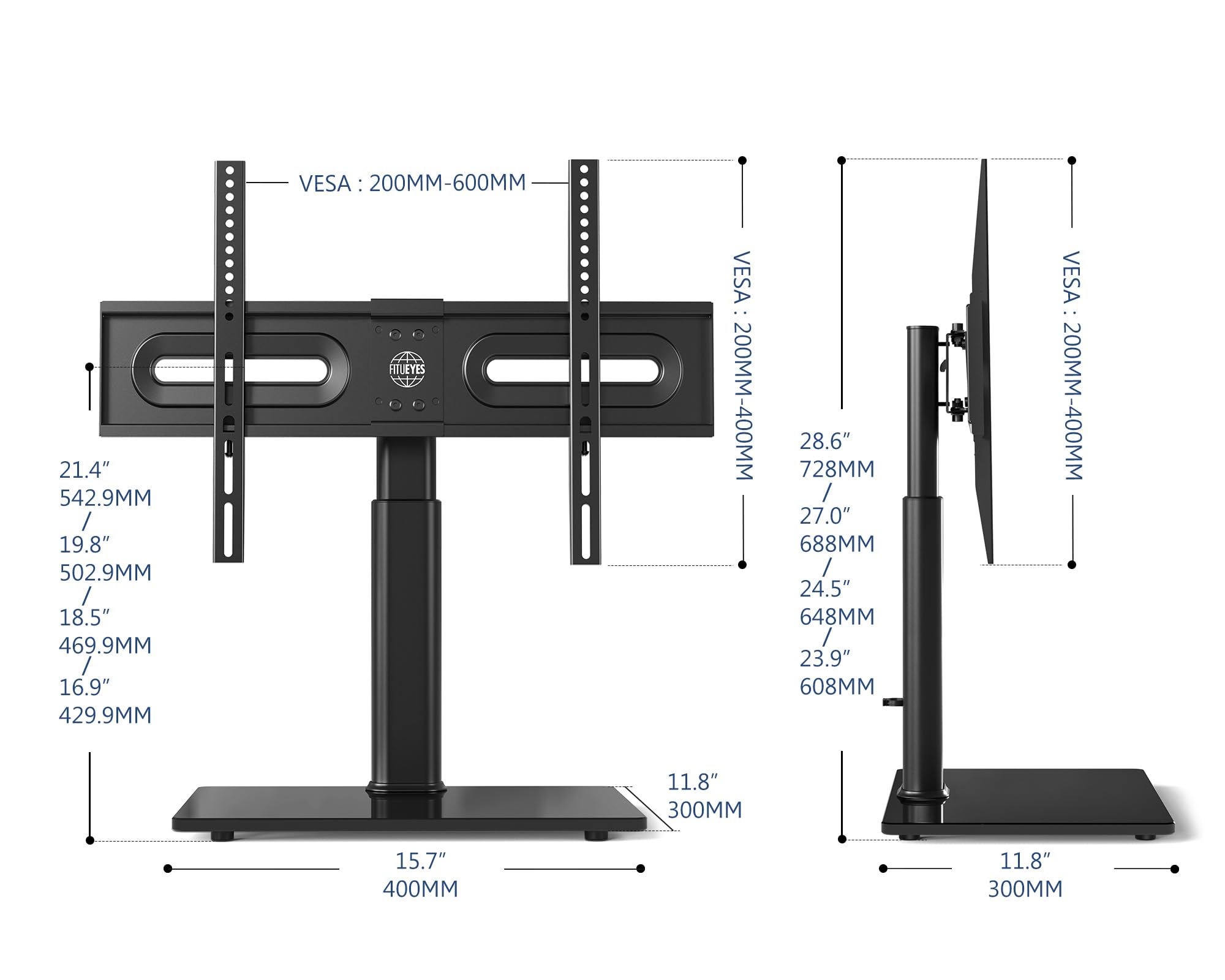 FITUEYES Adjustable Height TV Stand with Swivel ±40° for 32-65 Inch Screens - Max Load 40kg, VESA 400x600mm - Perfect for Living Room, Bedroom & Home Theater Setup