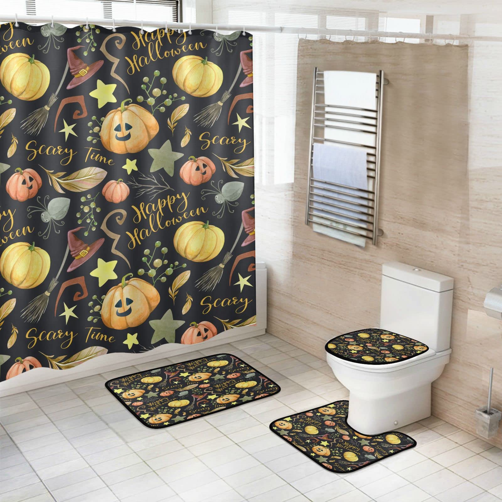 JSTEL Halloween Bathroom Rug Set - 4 Piece Non-Slip Memory Foam Bath Mat with Shower Curtain, Toilet Lid Cover & Contour Rug (Includes 12 Hooks) - Spooky Pumpkin Design for Halloween Decor & Bathroom Safety
