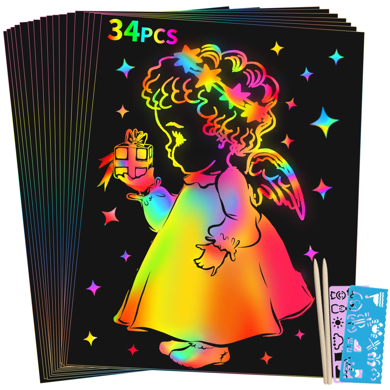 34Pcs Rainbow Scratch Art Paper Kit for Kids Ages 4-12 - Creative DIY Art Crafts Birthday Party Favors, Halloween Christmas Easter Gifts for Boys & Girls - Fun Classroom & Home Activity Supplies