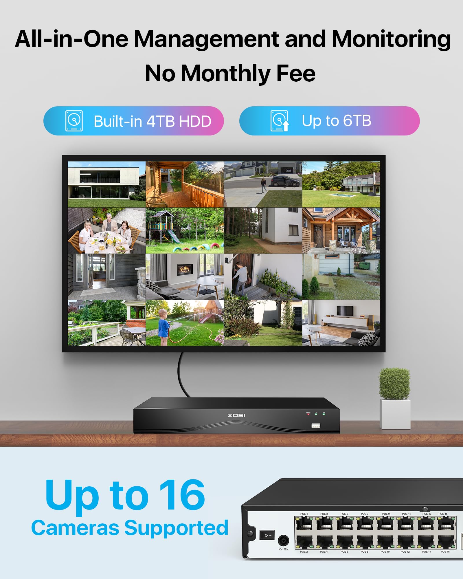 ZOSI 24 Channel 4K PoE NVR Security System with 16 Ports, 8MP Dual HDD Backup, Pre-Installed 4TB HDD for 24/7 Recording - Compatible with 4K/5MP/4MP/3MP ZOSI PoE Cameras - Ideal for Home Security, Business Surveillance & Property Monitoring