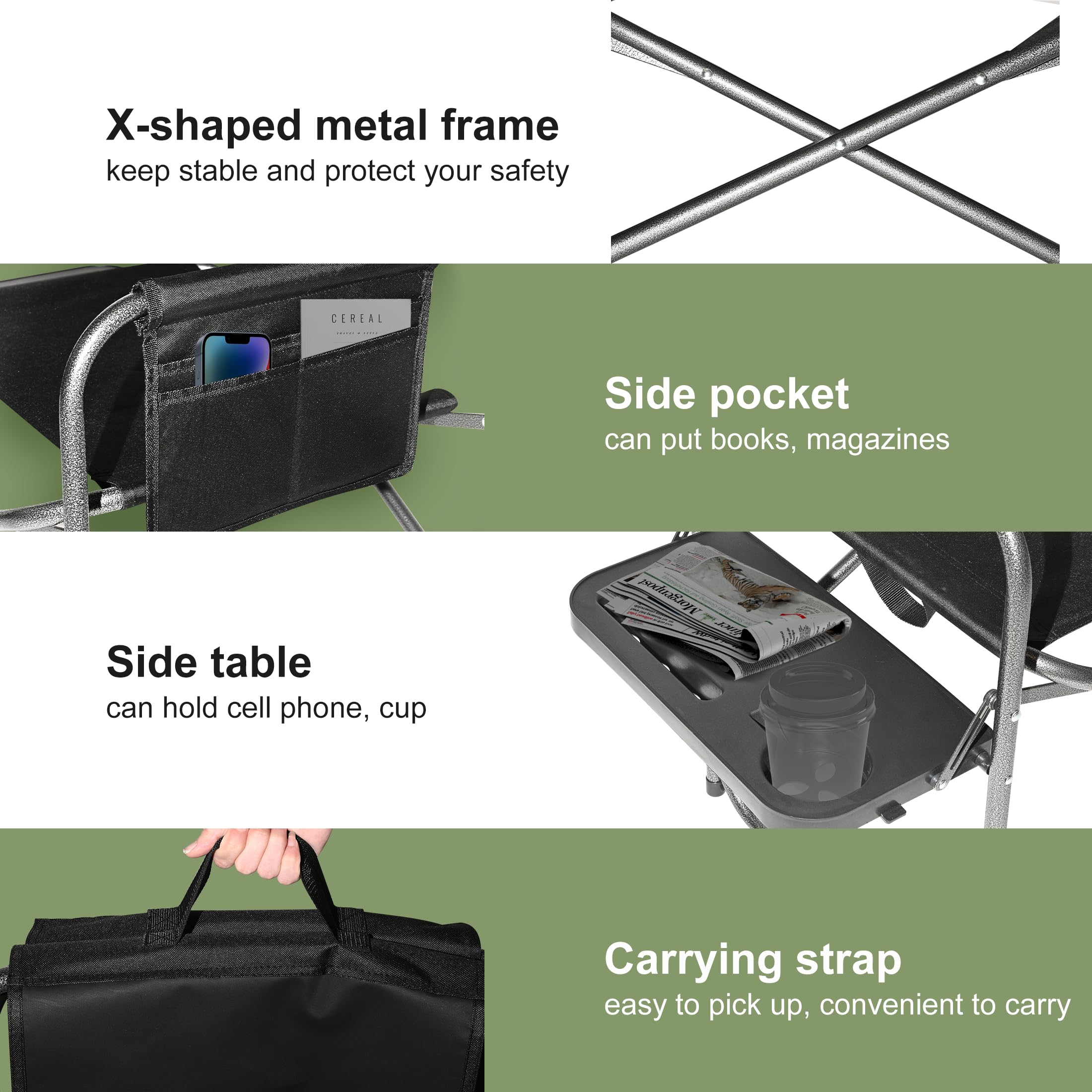 YOUNG WOOD Lightweight Oversized Portable Folding Camping Chair with Side Table & Storage Pockets - Heavy Duty 400lbs Capacity for Outdoor Camping, Hiking, Picnics, Fishing, Beach, Backyard & Tailgating (Black)